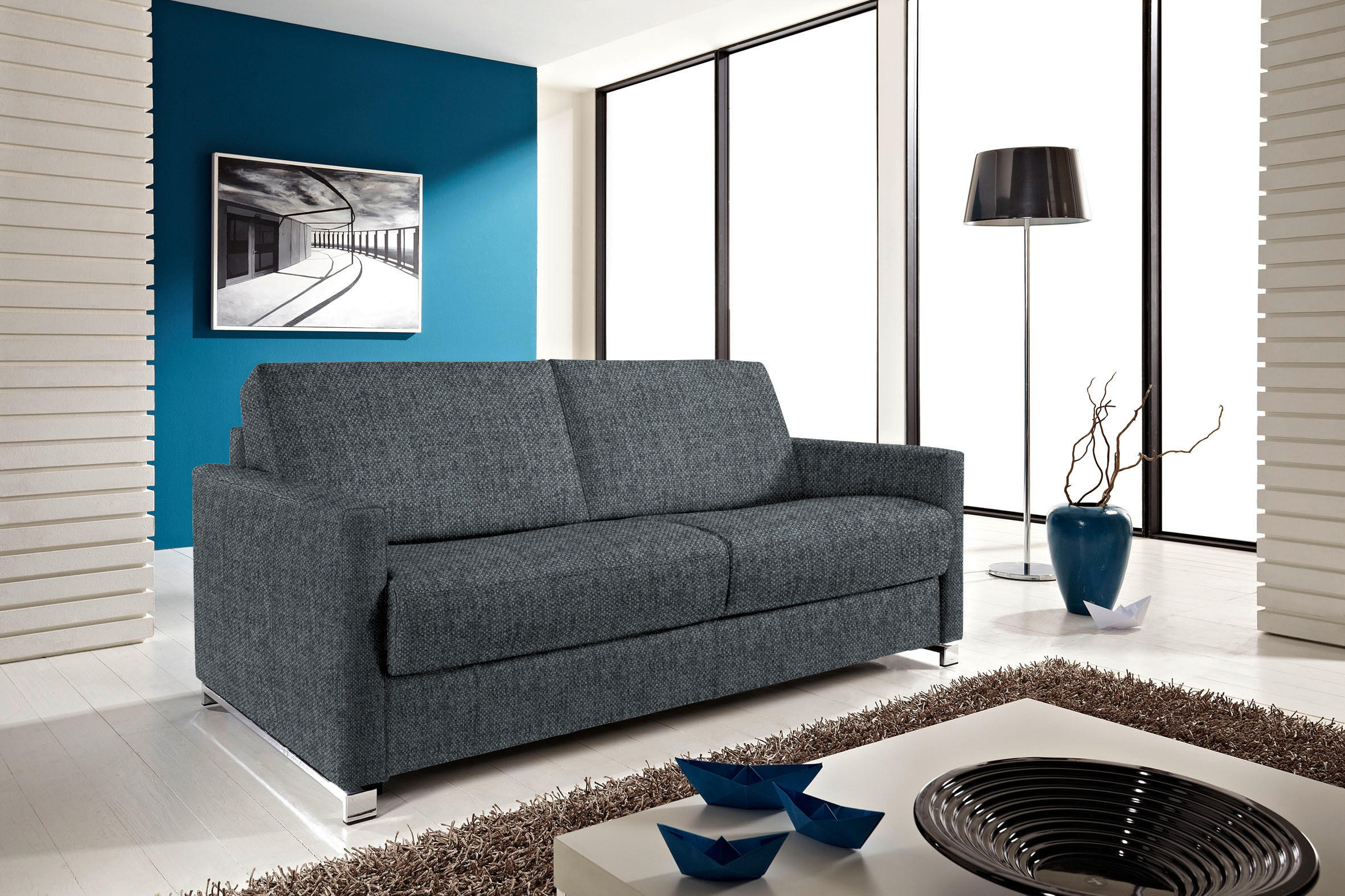 SCHLAFSOFA in Flachgewebe Blaugrau  - Chromfarben/Blaugrau, Design, Textil/Metall (185/84/100cm) - Bali