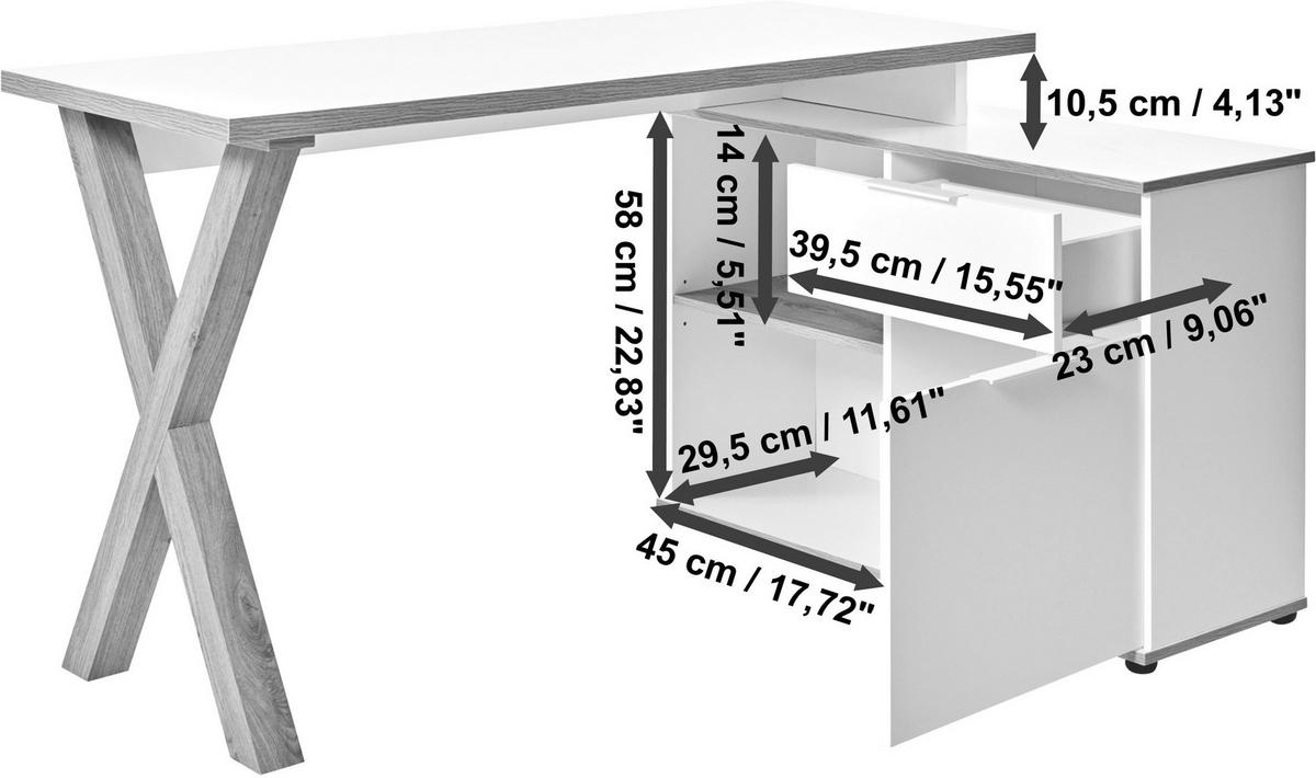 ECKSCHREIBTISCH 140/95/76 cm  in Weiss, Eichefarben  - Weiss/Eichefarben, Modern, Holzwerkstoff/Metall (140/95/76cm) - Livetastic