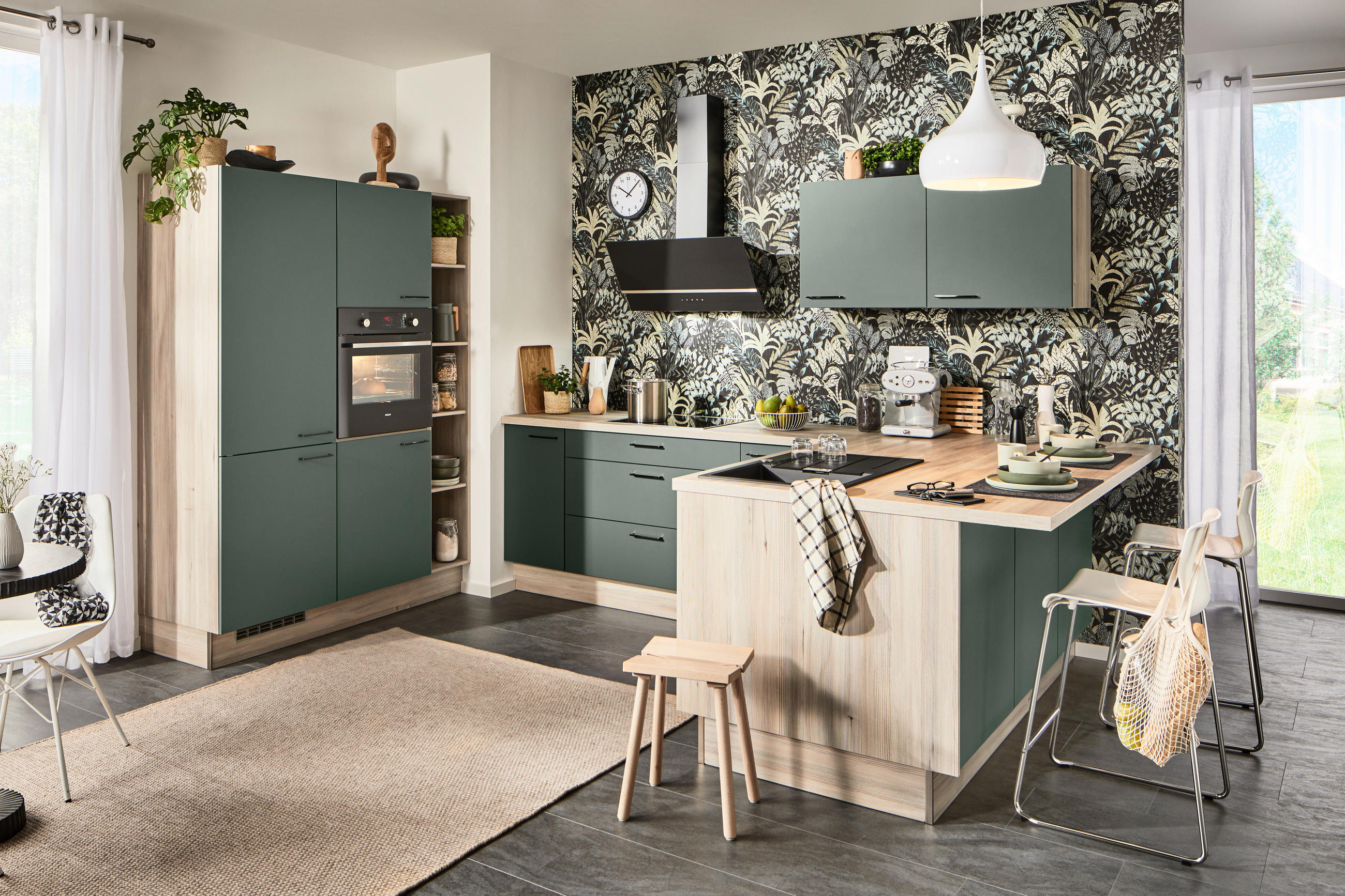 Thumbnail - Xora Eckküche XO 15, Grün, Metall, 1 Schublade(n) Schubladen, U-Form, nur wie online abgebildet bestellbar, 280x192 cm, ...