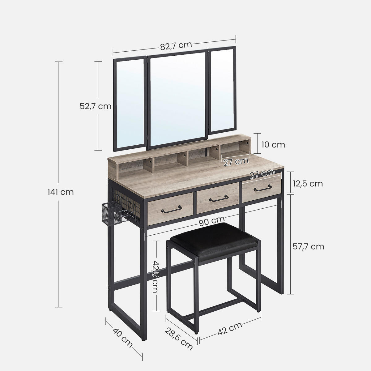 SCHMINKTISCH Greige, Schwarz  - Greige/Schwarz, Trend, Glas/Holzwerkstoff (90/40/141cm) - Boxxx