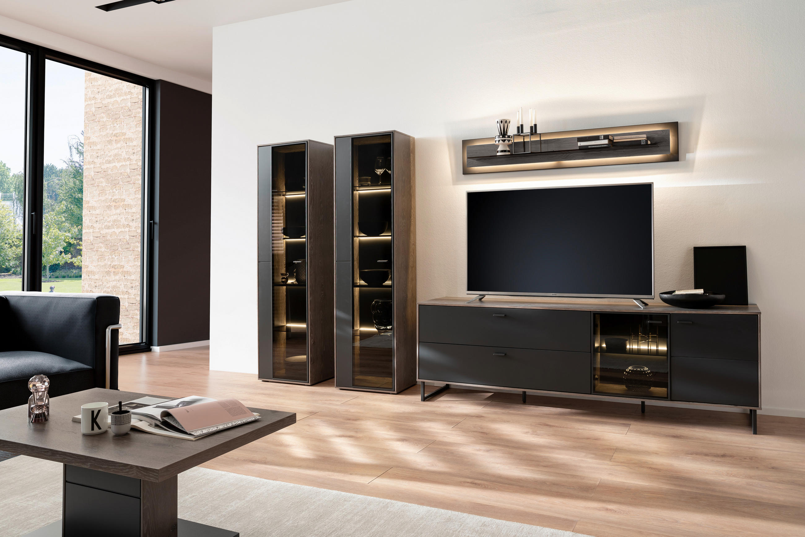 WOHNWAND  in Schwarz, Eichefarben  339/190/50 cm  - Eichefarben/Anthrazit, Design, Glas/Holz (339/190/50cm) - MID.YOU