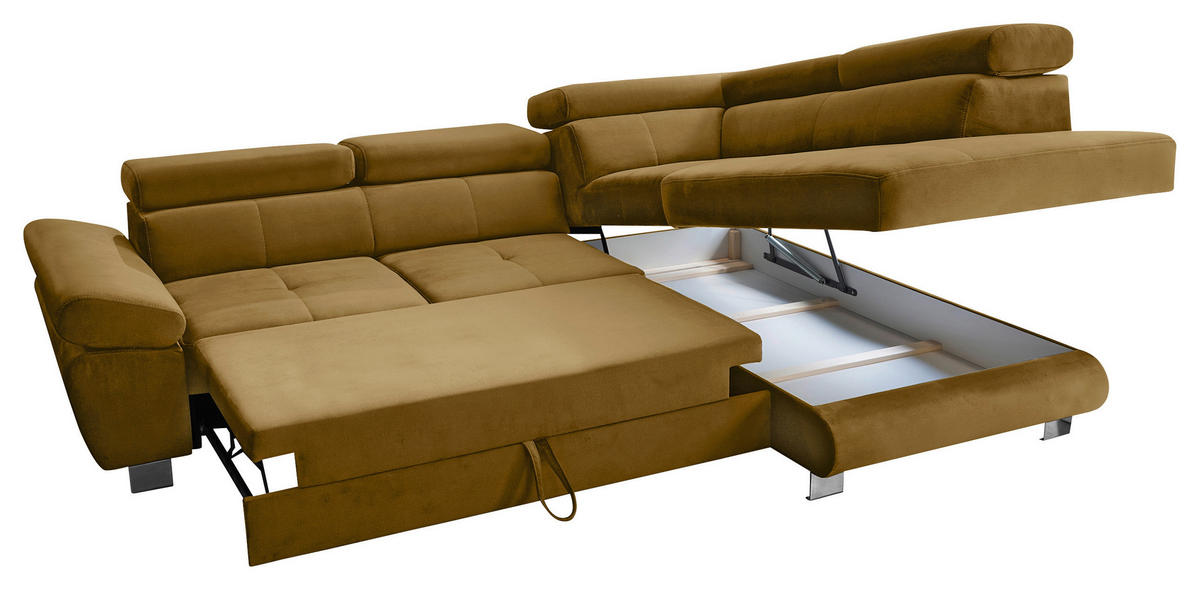 ECKSOFA Senfgelb Webstoff Bettkasten, Schlaffunktion, Rücken echt, Armteilverstellung, Kopfteilverstellung  - Chromfarben/Senfgelb, MODERN, Textil/Metall (278/205cm) - Stylife