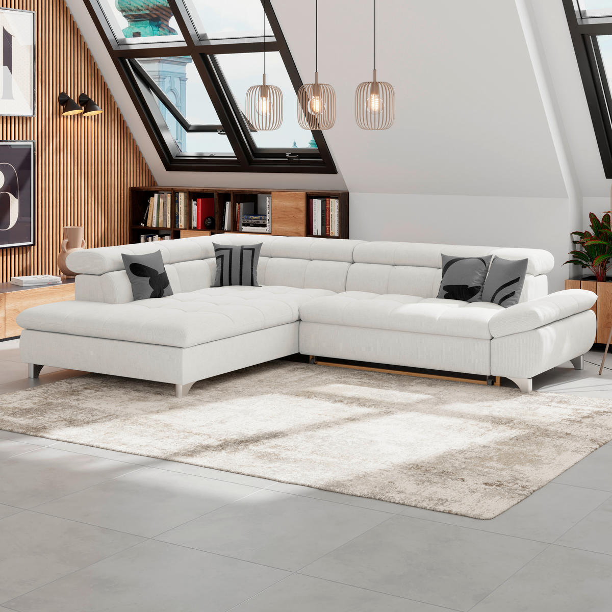 ECKSOFA Creme Chenille  - Chromfarben/Creme, KONVENTIONELL, Textil/Metall (234/312cm) - Livetastic