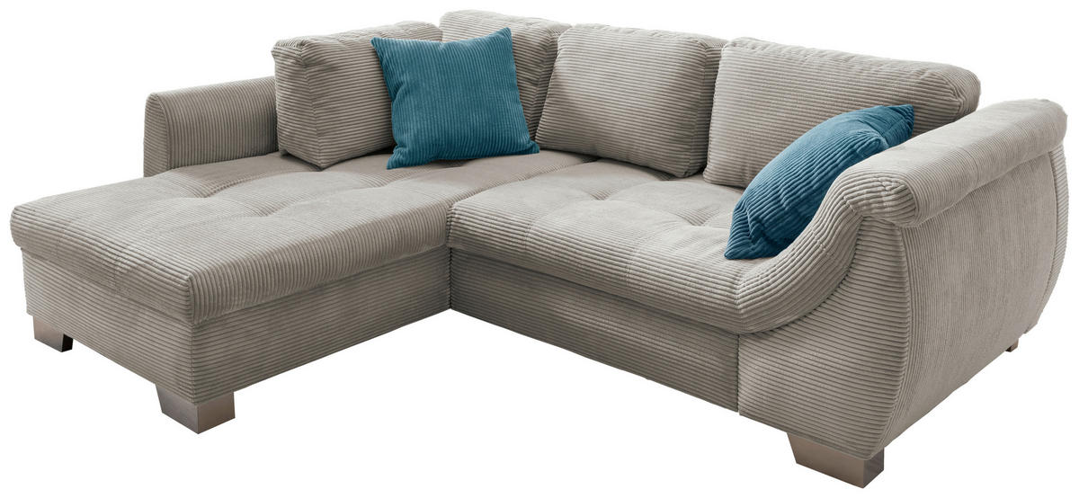 ECKSOFA in Cord Silberfarben  - Silberfarben/Petrol, Design, Holz/Textil (190/250cm) - MID.YOU