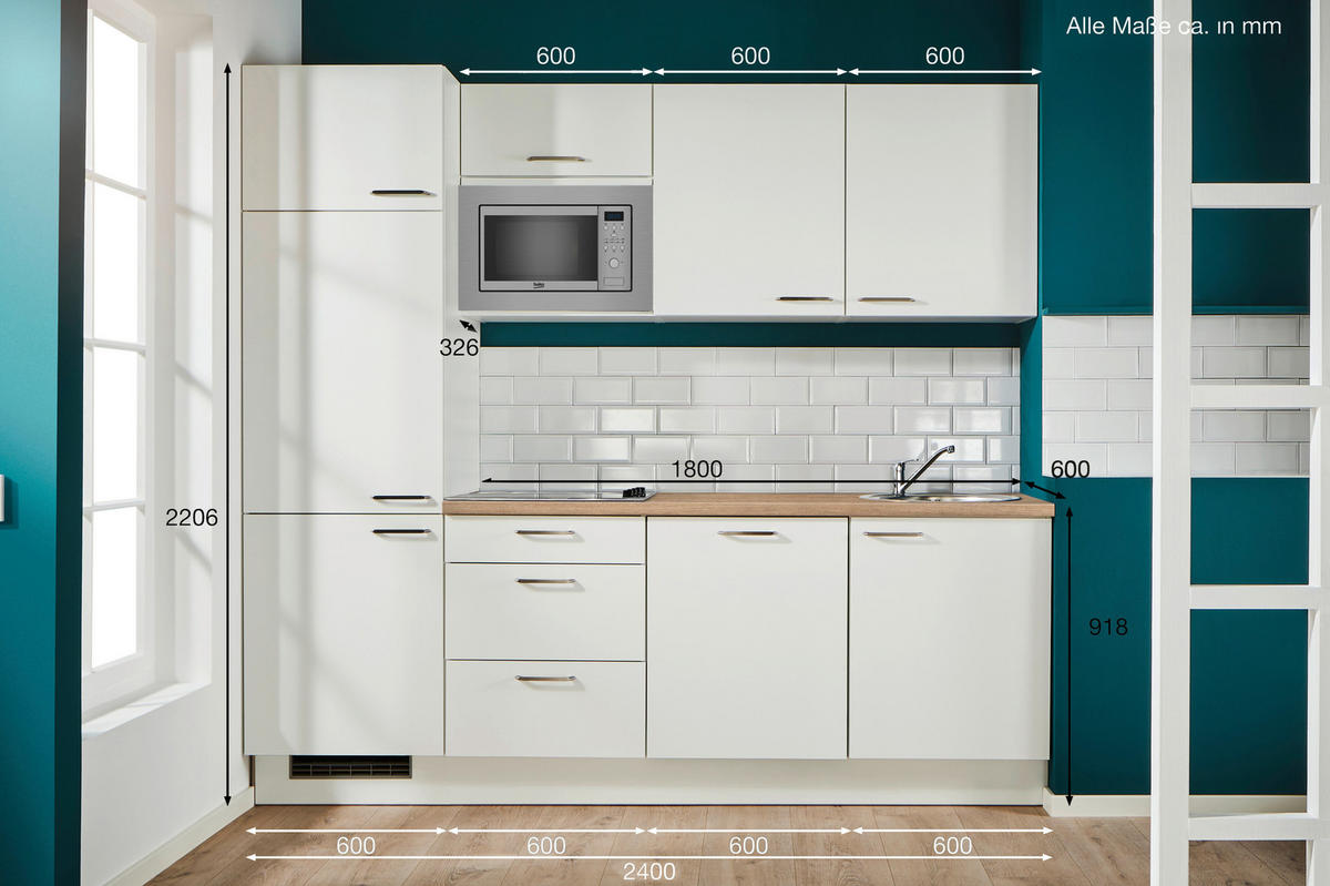 KÜCHENBLOCK 240 cm   in Weiß, Eichefarben  - Edelstahlfarben/Eichefarben, Design, Holzwerkstoff/Metall (240cm) - Pino