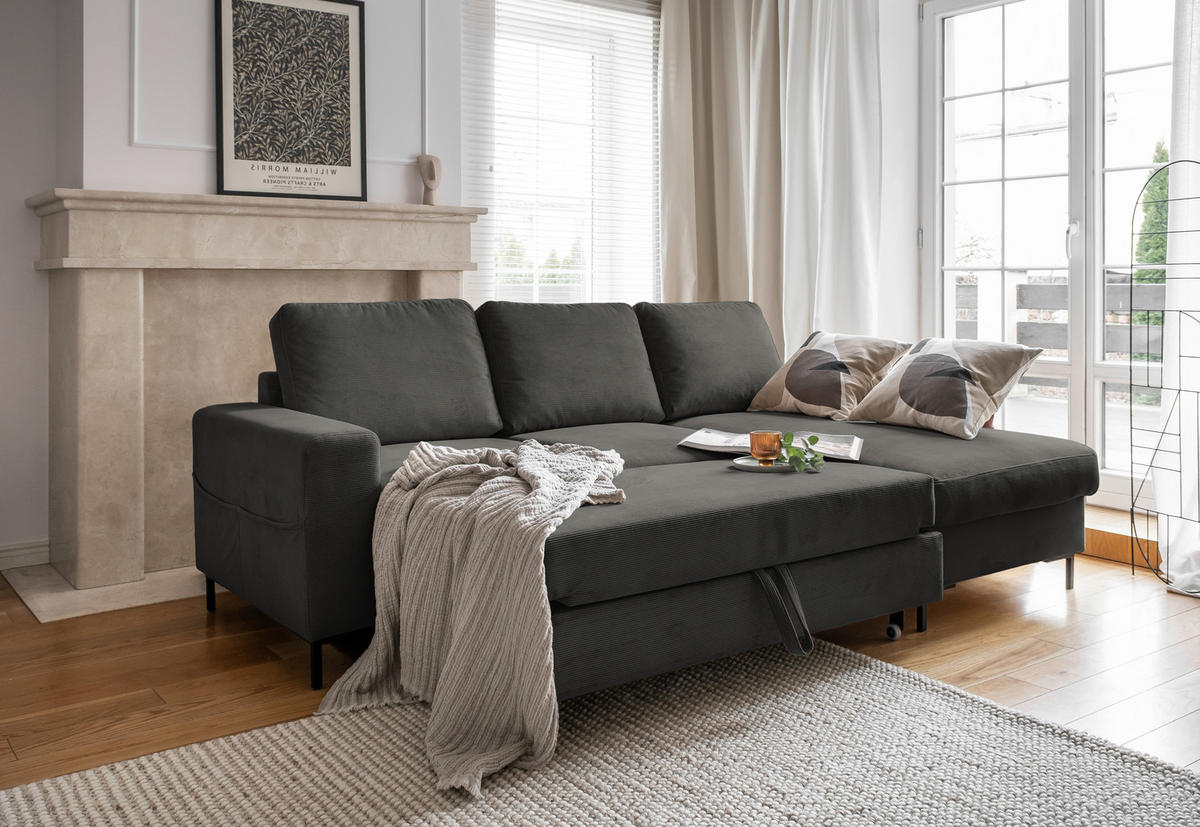 ECKSOFA Grau Cord  - Schwarz/Grau, MODERN, Textil/Metall (236/148cm) - MID.YOU