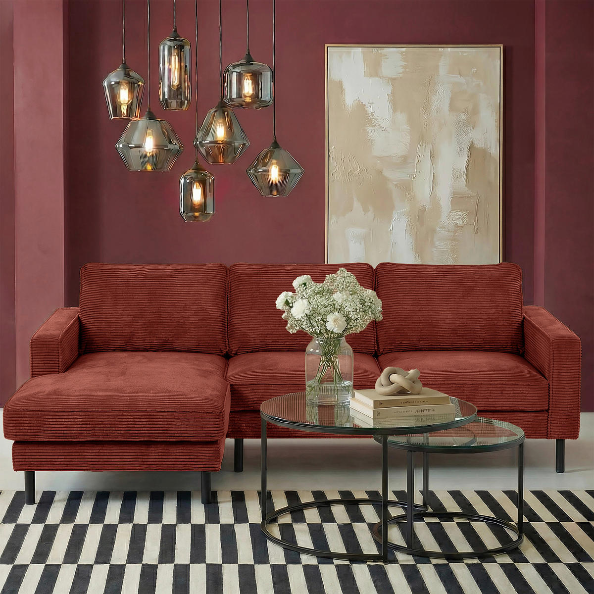 ECKSOFA Cord Rot  - Rot/Schwarz, Design, Textil/Metall (166/238cm) - Livetastic