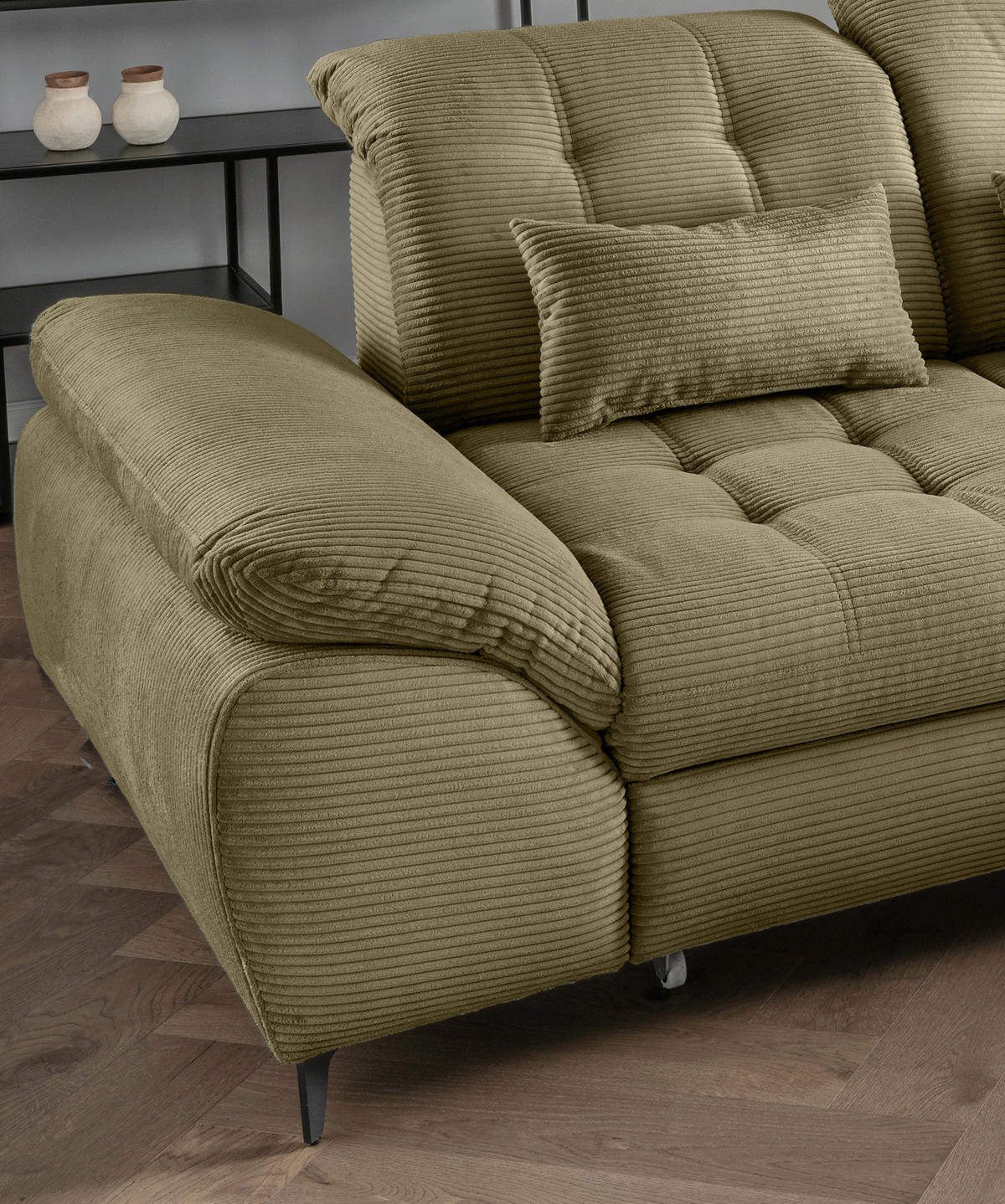 ECKSCHLAFSOFA in Cord Olivgrün  - Schwarz/Olivgrün, Modern, Textil/Metall (273/189cm) - Livetastic