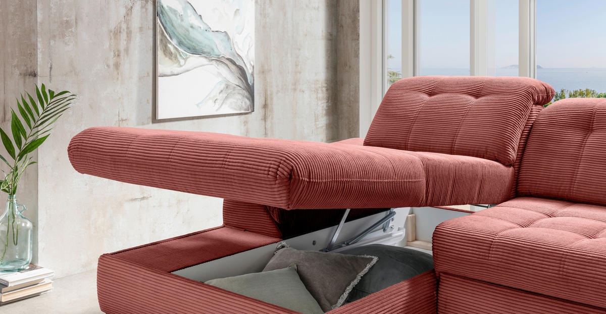 ECKSCHLAFSOFA in Cord Koralle  - Koralle/Schwarz, Modern, Textil/Metall (189/273cm) - Livetastic