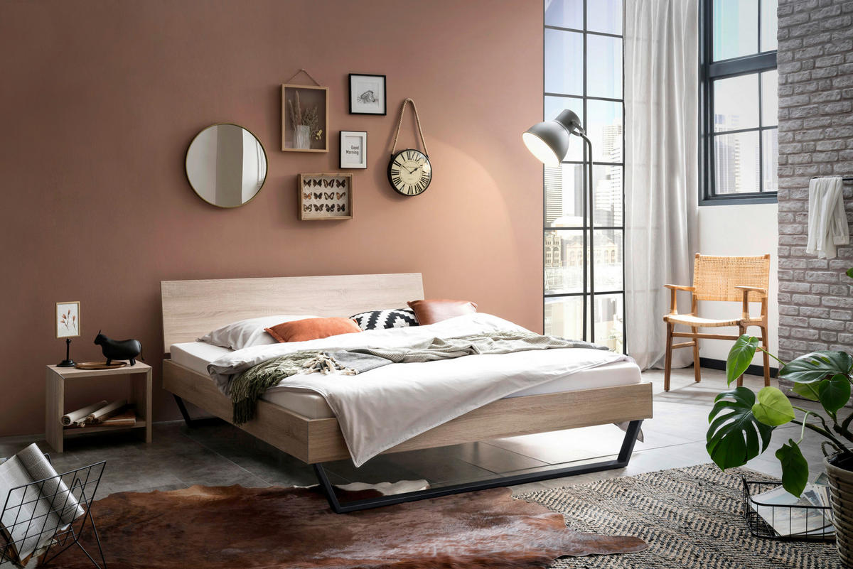 BETT 160/200 cm,  in Eichefarben  - Eichefarben/Anthrazit, Design, Metall (160/200cm) - Hasena