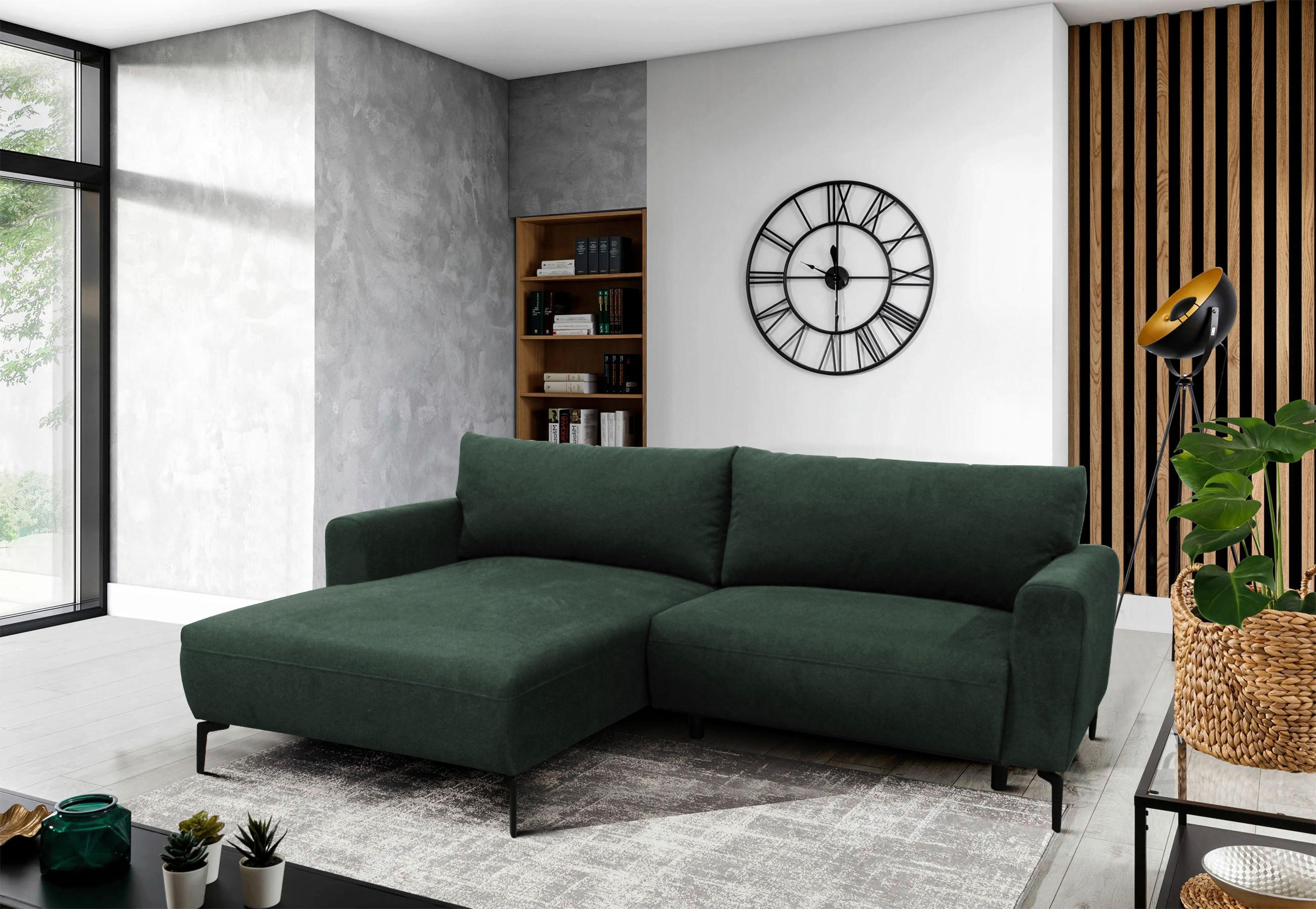 ECKSOFA Dunkelgrün Flachgewebe  - Dunkelgrün/Schwarz, Design, Textil/Metall (163/240cm) - MID.YOU