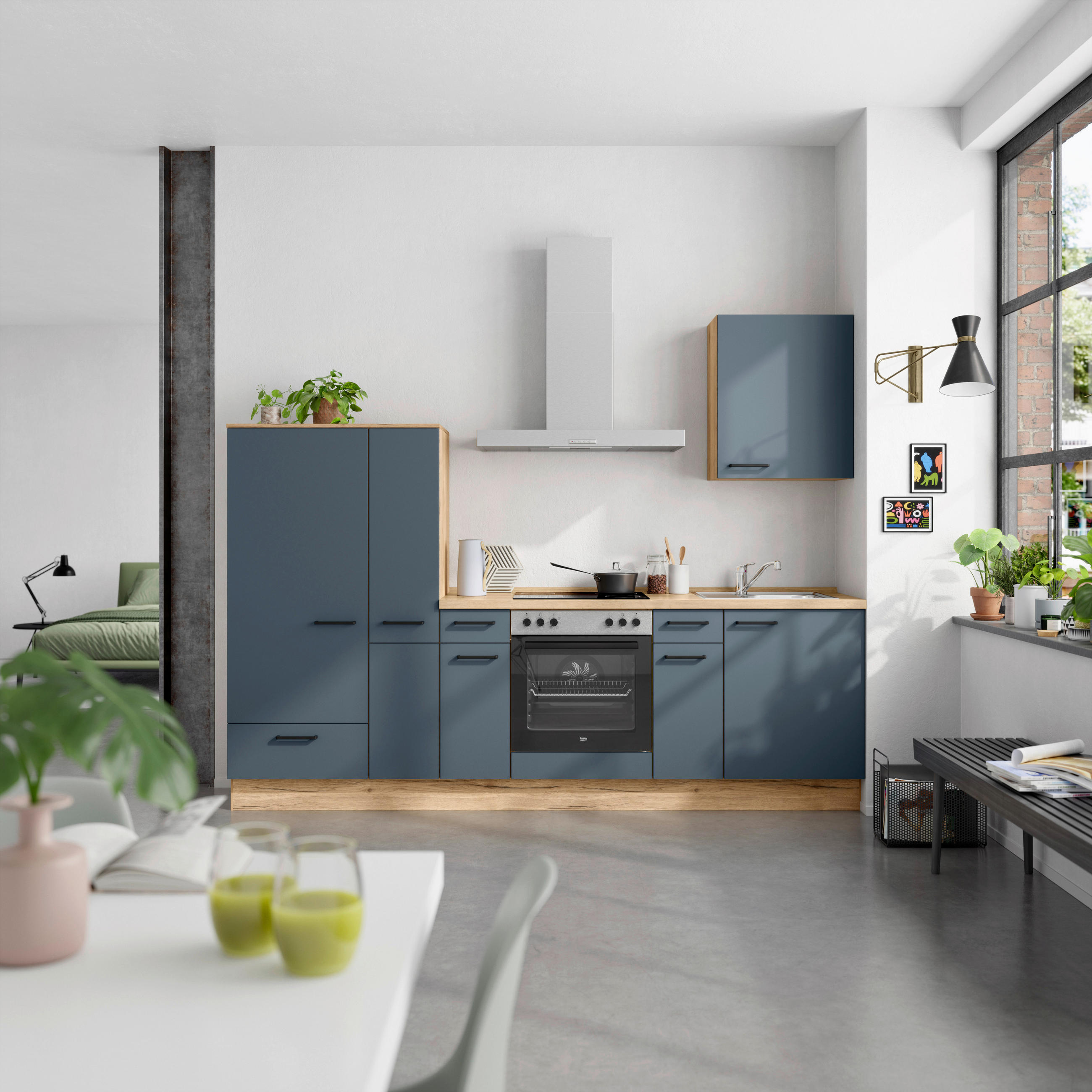 KÜCHENBLOCK 270 cm   in Eichefarben, Dunkelblau  - Eichefarben/Schwarz, MODERN, Holzwerkstoff/Metall (270cm) - Nobilia