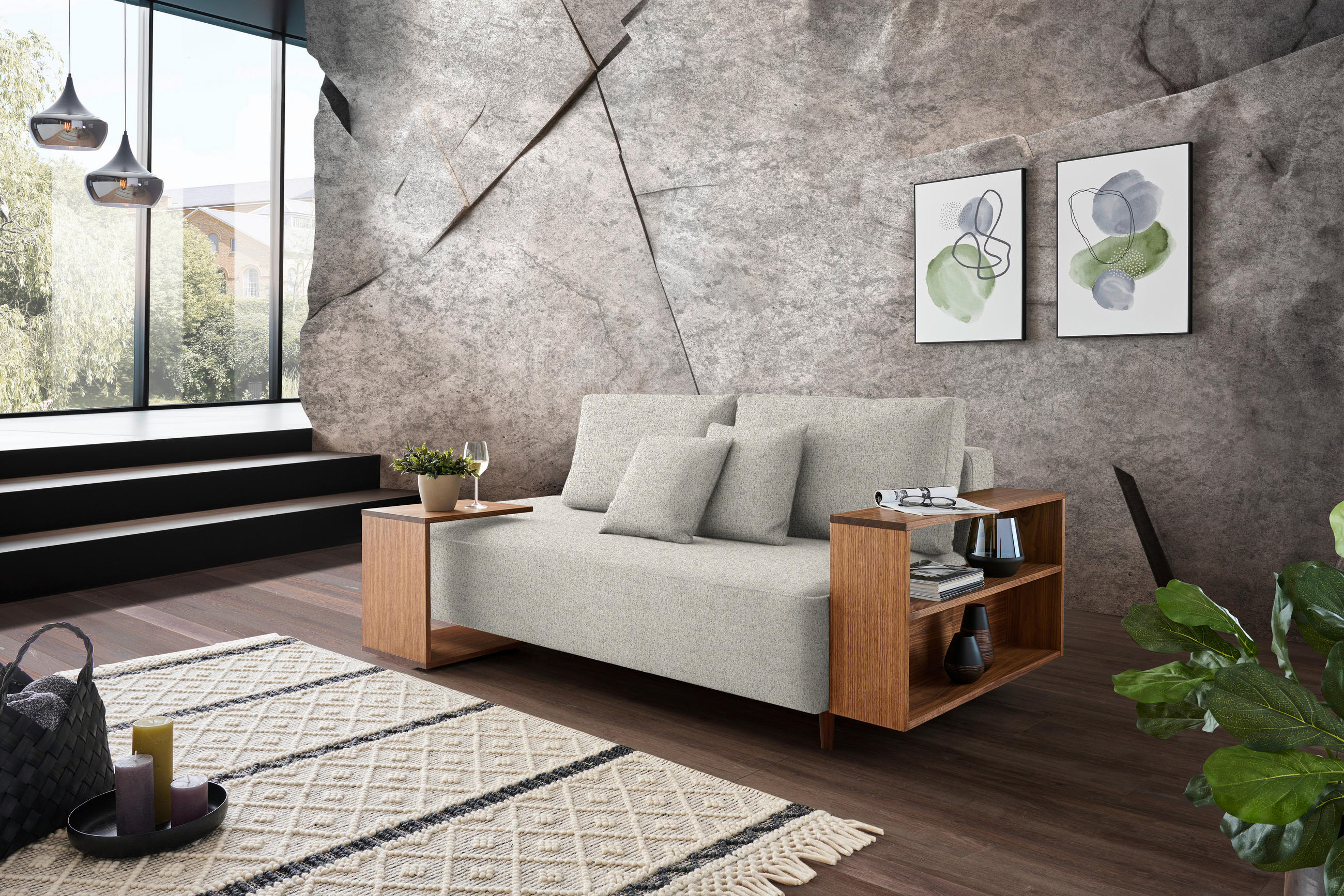 SCHLAFSOFA in Textil Ecru  - Ecru/Nussbaumfarben, Natur, Holz/Textil (228/90/100cm) - Joka