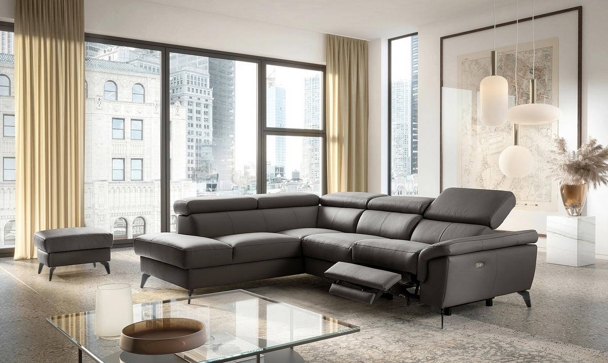 ECKSOFA SONO in Lederlook Echtleder Dunkelbraun Bettkasten, Armteilverstellung, Kopfteilverstellung  210/265 cm  - Dunkelbraun/Schwarz, Design, Leder/Textil (210/265cm) - Livetastic