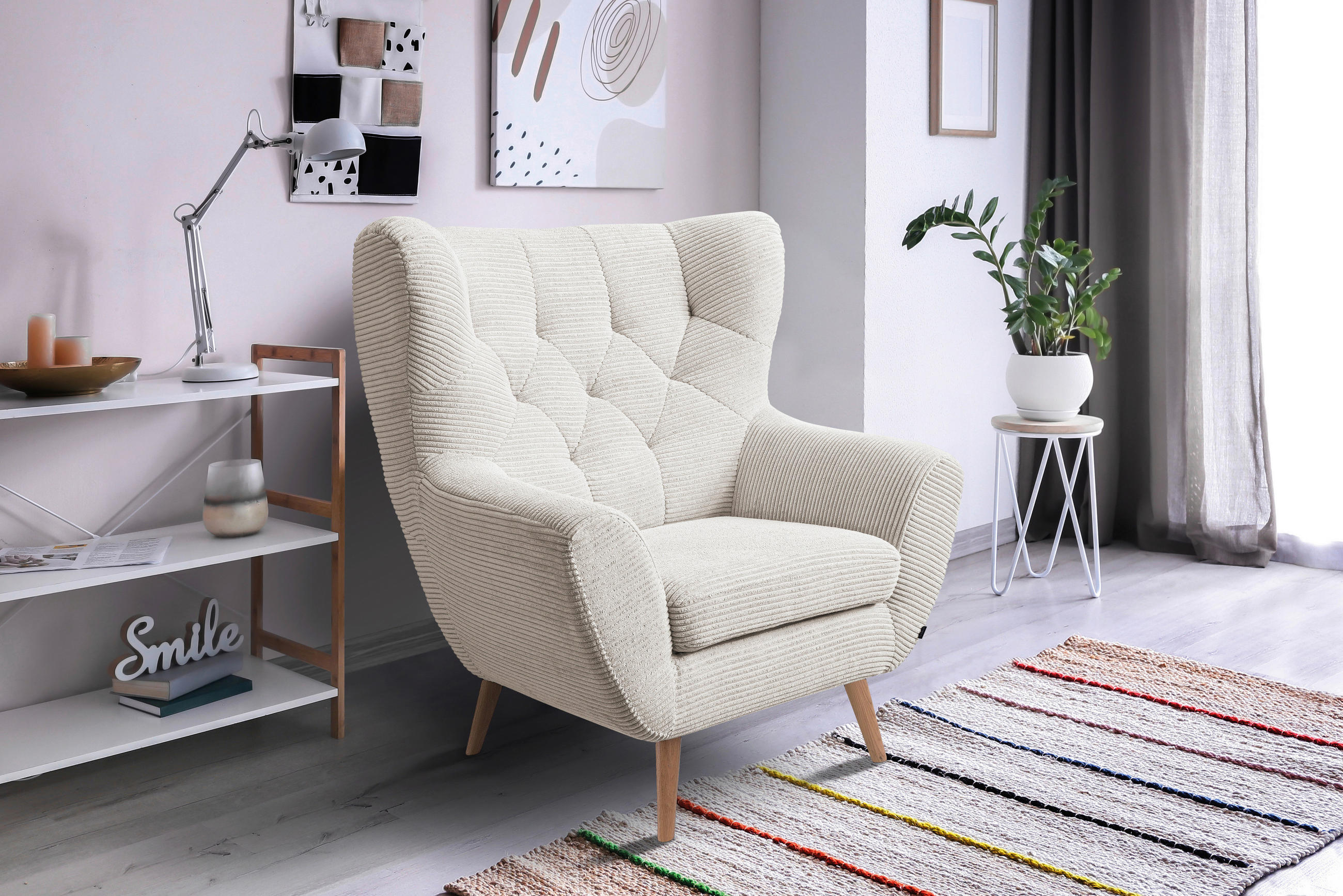 SESSEL in Cord Creme  - Eichefarben/Creme, Design, Holz/Textil (87/101/95cm) - Stylife