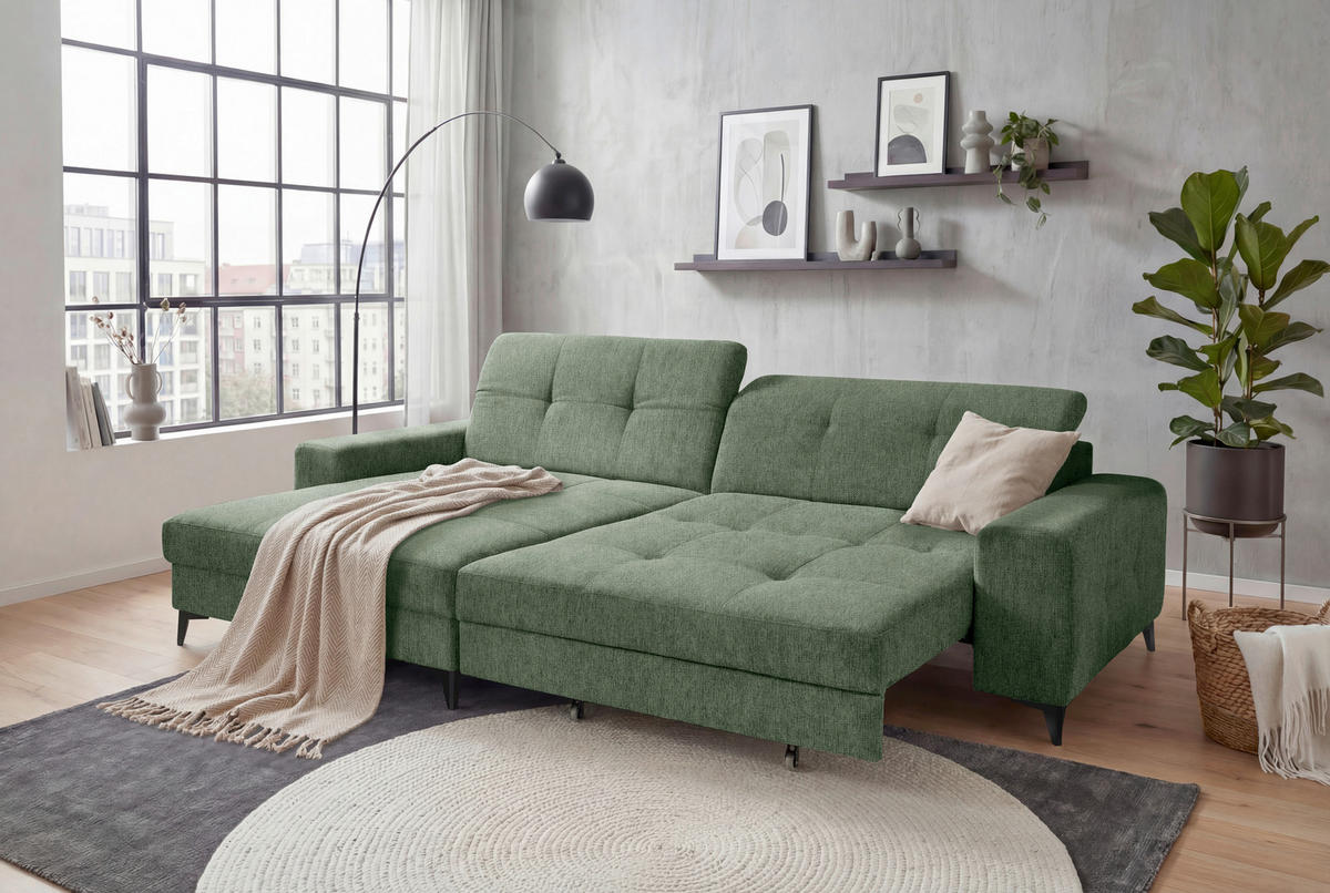 ECKSOFA Mikrovelours Dunkelgrün  - Dunkelgrün/Schwarz, Design, Kunststoff/Textil (182/328cm) - MID.YOU