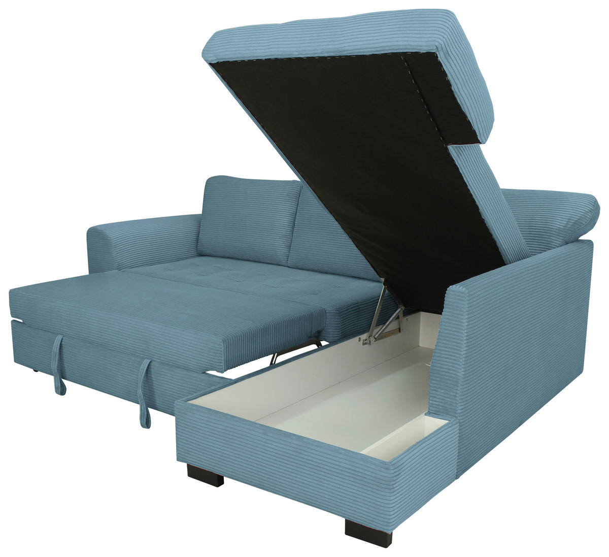 ECKSOFA JOHN Hellblau Cord Rückenkissen, Bettkasten, Liegefläche im Originalstoff  - Schwarz/Hellblau, Trend, Kunststoff/Textil (239/178cm) - P & B