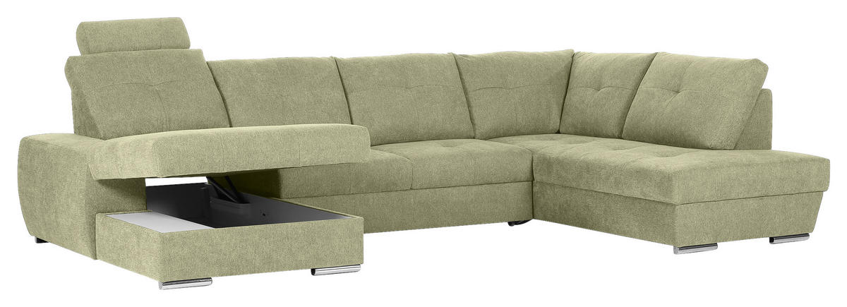 WOHNLANDSCHAFT in Flachgewebe Hellgrün  - Chromfarben/Hellgrün, Konventionell, Kunststoff/Textil (180/338/217cm) - Hom`in