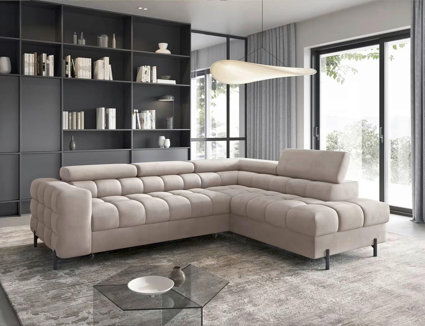 ECKSOFA Beige Plüsch  - Beige/Schwarz, Design, Textil/Metall (276/200cm) - MID.YOU