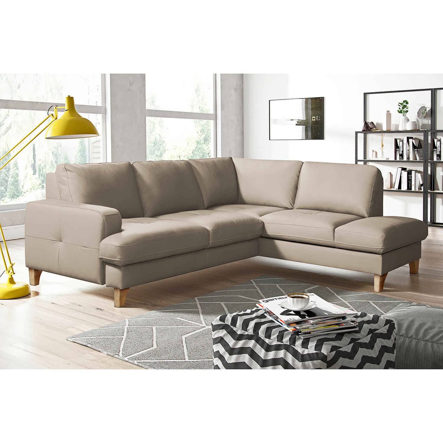 ECKSOFA Hellgrau Echtleder Lederlook  - Buchefarben/Hellgrau, Design, Leder/Holz (234/190cm) - Livetastic