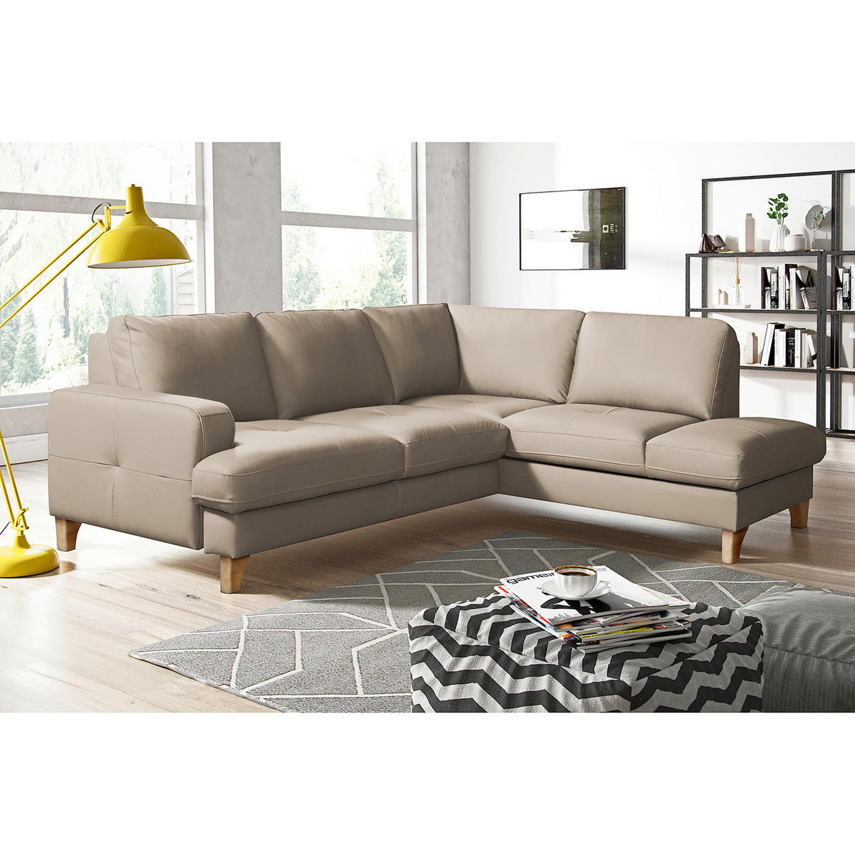 ECKSOFA Hellgrau Echtleder Lederlook  - Buchefarben/Hellgrau, Design, Leder/Holz (234/190cm) - Livetastic