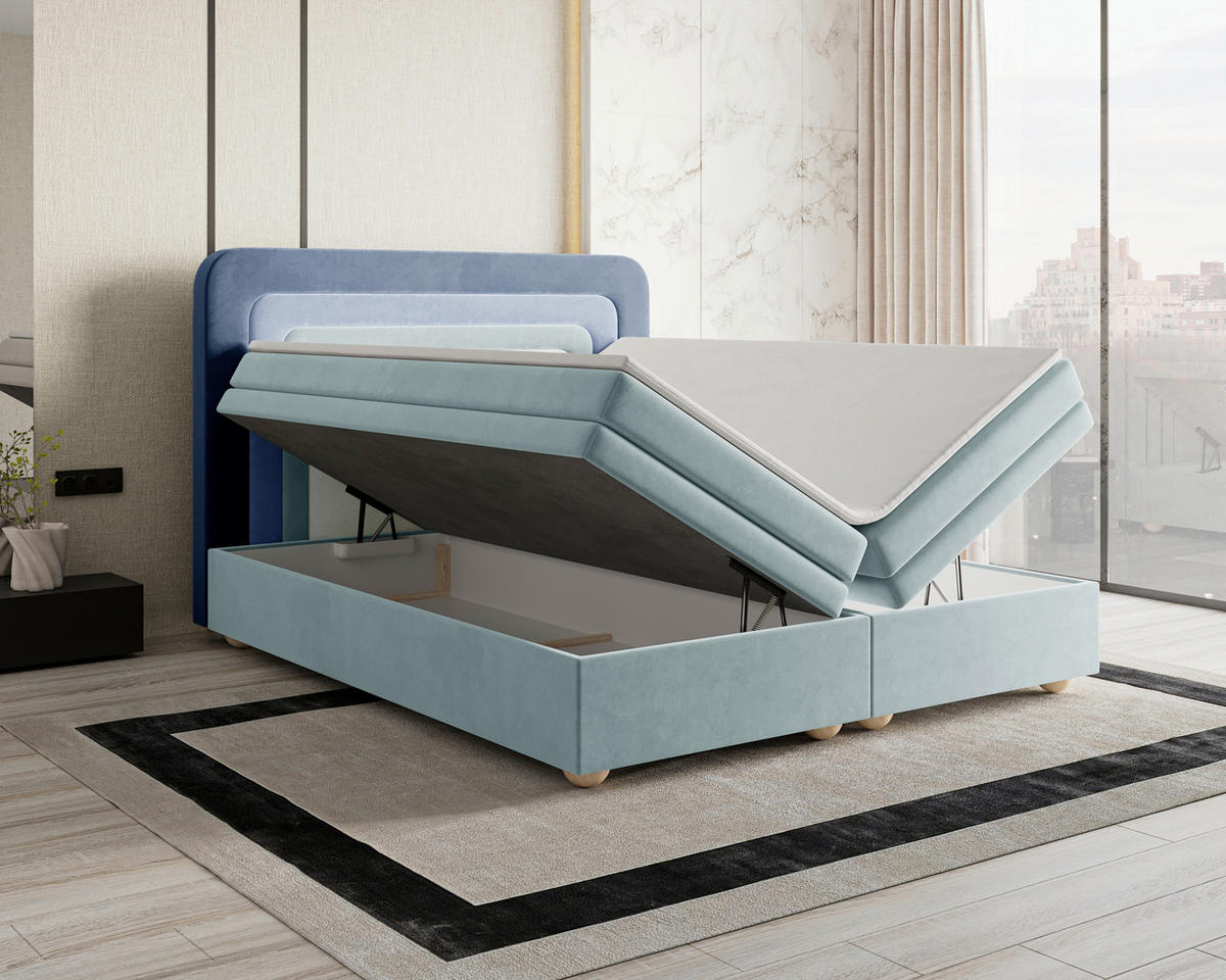 BOXBETT 180/200 cm,  in Dunkelblau, Mintgrün, Graublau, gepolstertes Kopfteil, Bettkasten, Topper, H2 + H3 = mittel + fest  - Graublau/Braun, MODERN, Holz/Kunststoff (180/200cm) - Livetastic