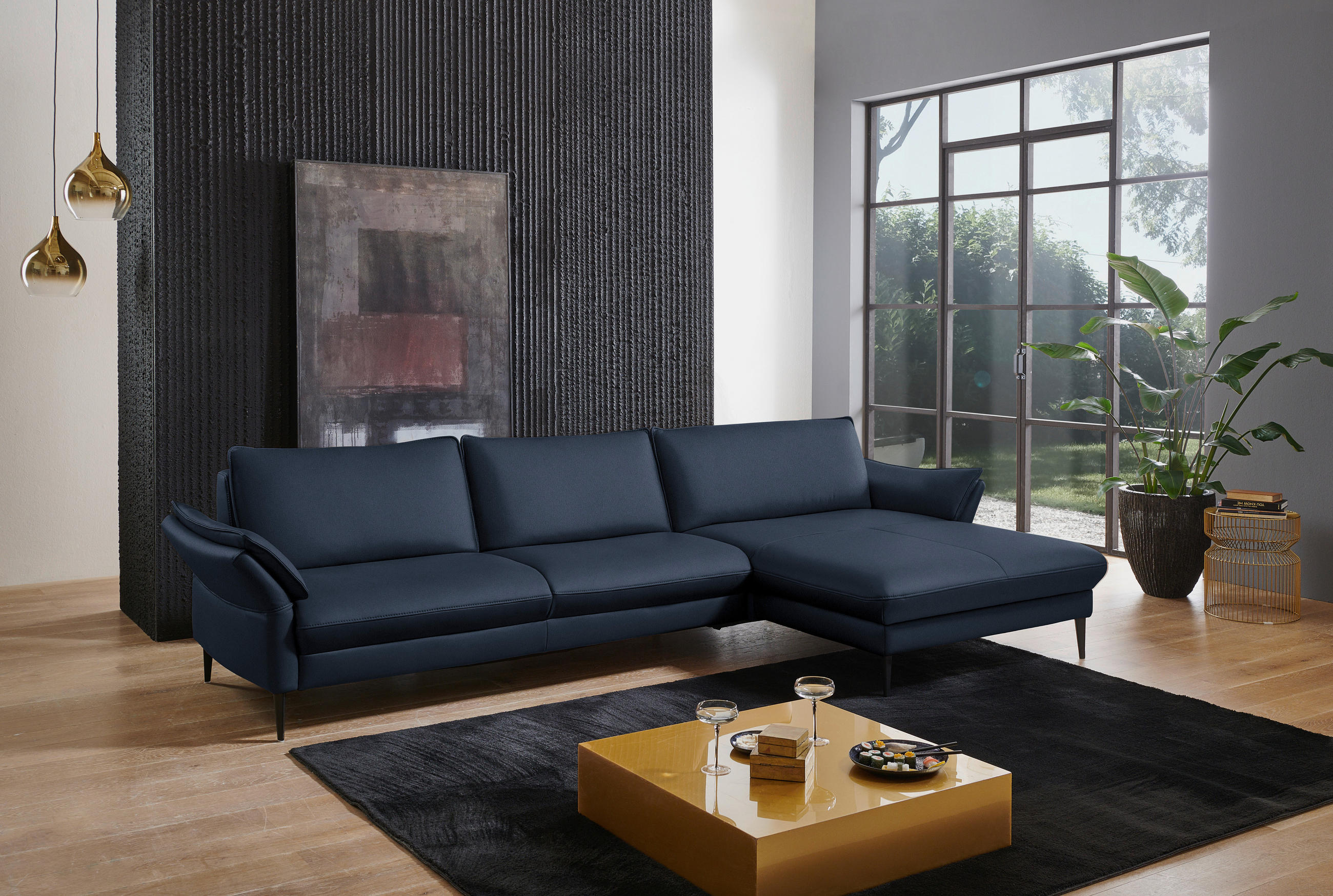 ECKSOFA in Echtleder Dunkelblau  - Schwarz/Dunkelblau, Design, Leder/Metall (334/172cm) - Valdera
