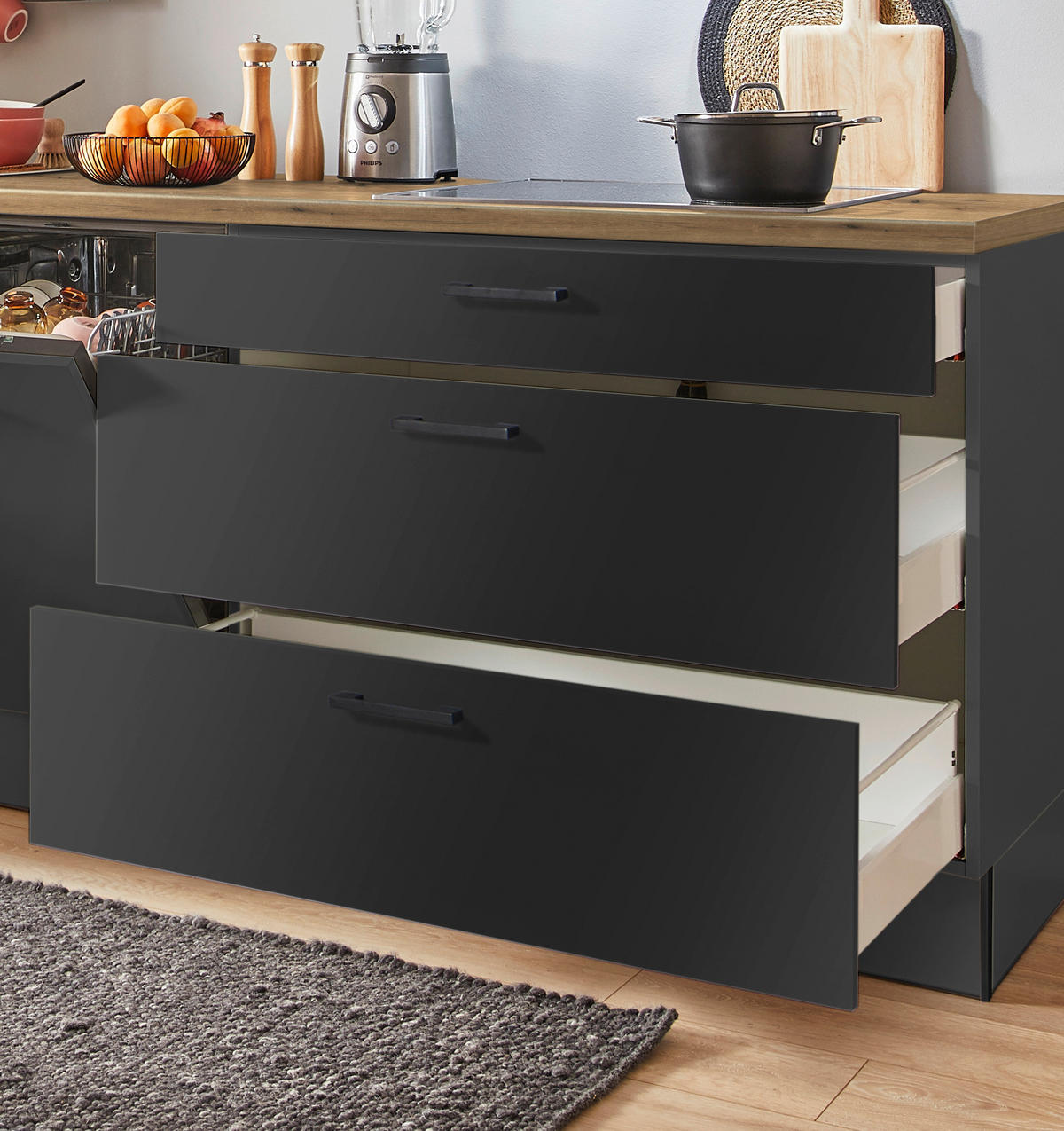 KÜCHENBLOCK PN 80 280 cm  in Graphitfarben, Eichefarben  - Eichefarben/Schwarz, Design, Holzwerkstoff/Metall (280cm) - Pino