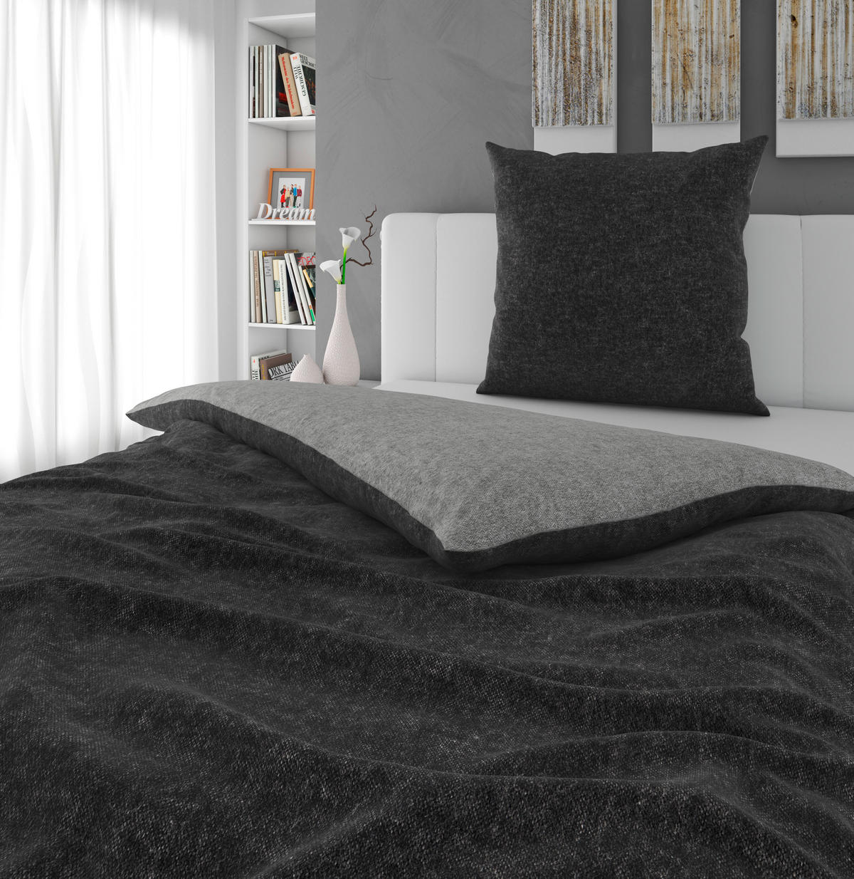 WENDEBETTWÄSCHE 2-teilig Flanell 135/200 cm  - Anthrazit, Basics, Textil (135/200cm) - Novel