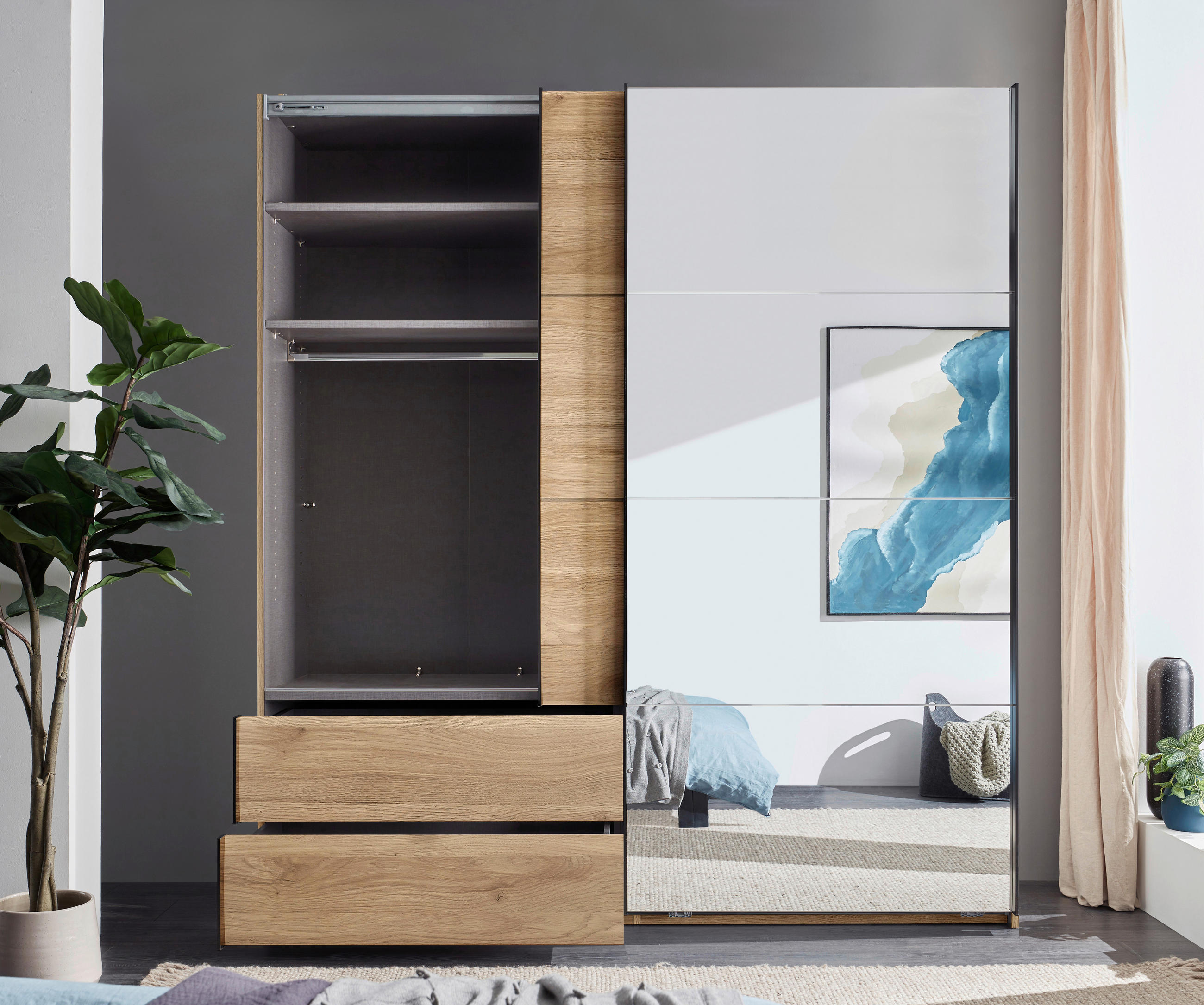 SCHWEBETÜRENSCHRANK 215/225,5/60,5 cm 2-türig Eichefarben  - Eichefarben/Schwarz, MODERN, Glas/Holzwerkstoff (215/225,5/60,5cm) - Xora