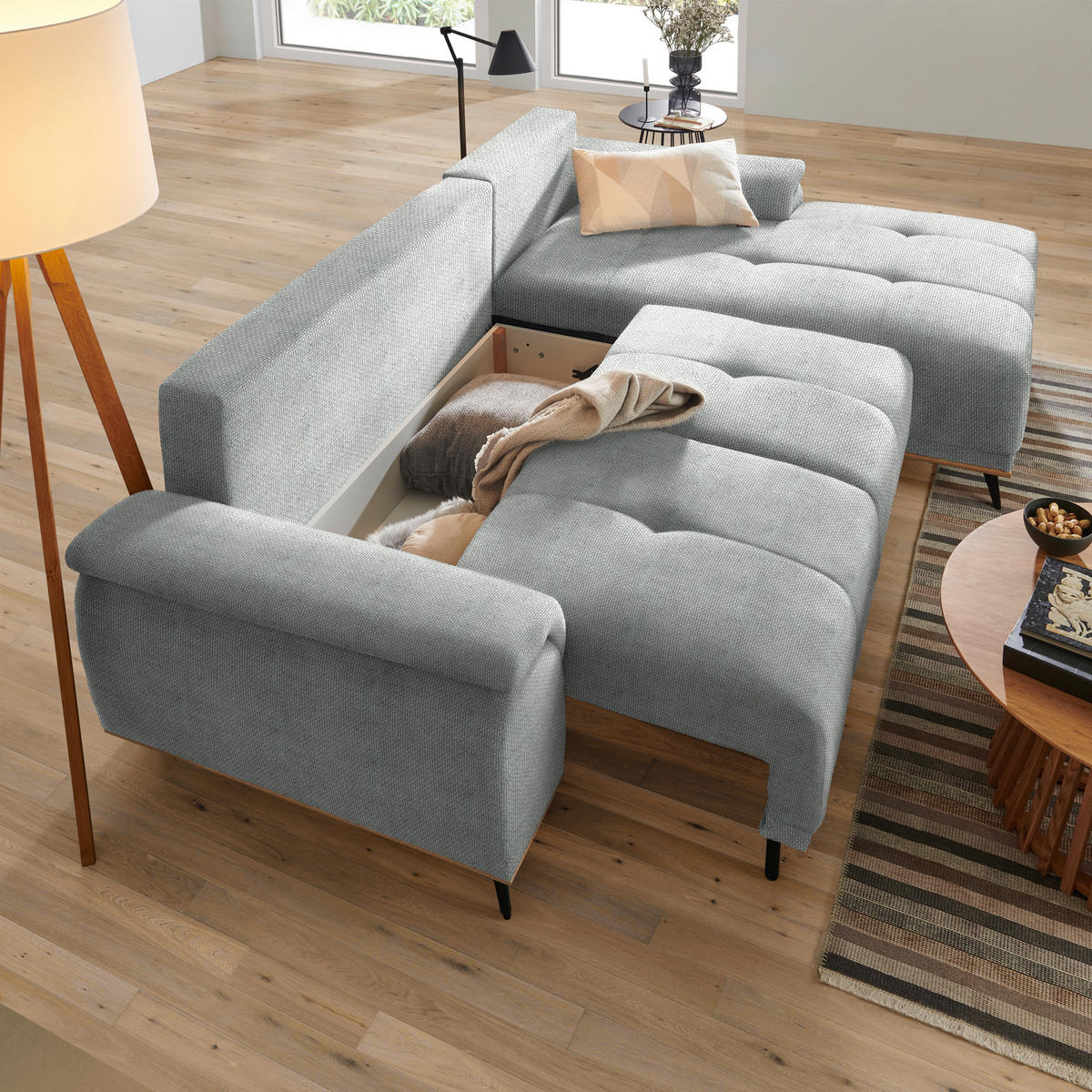 ECKSOFA in Struktur Grau  - Schwarz/Grau, Modern, Textil/Metall (262/168cm) - home24