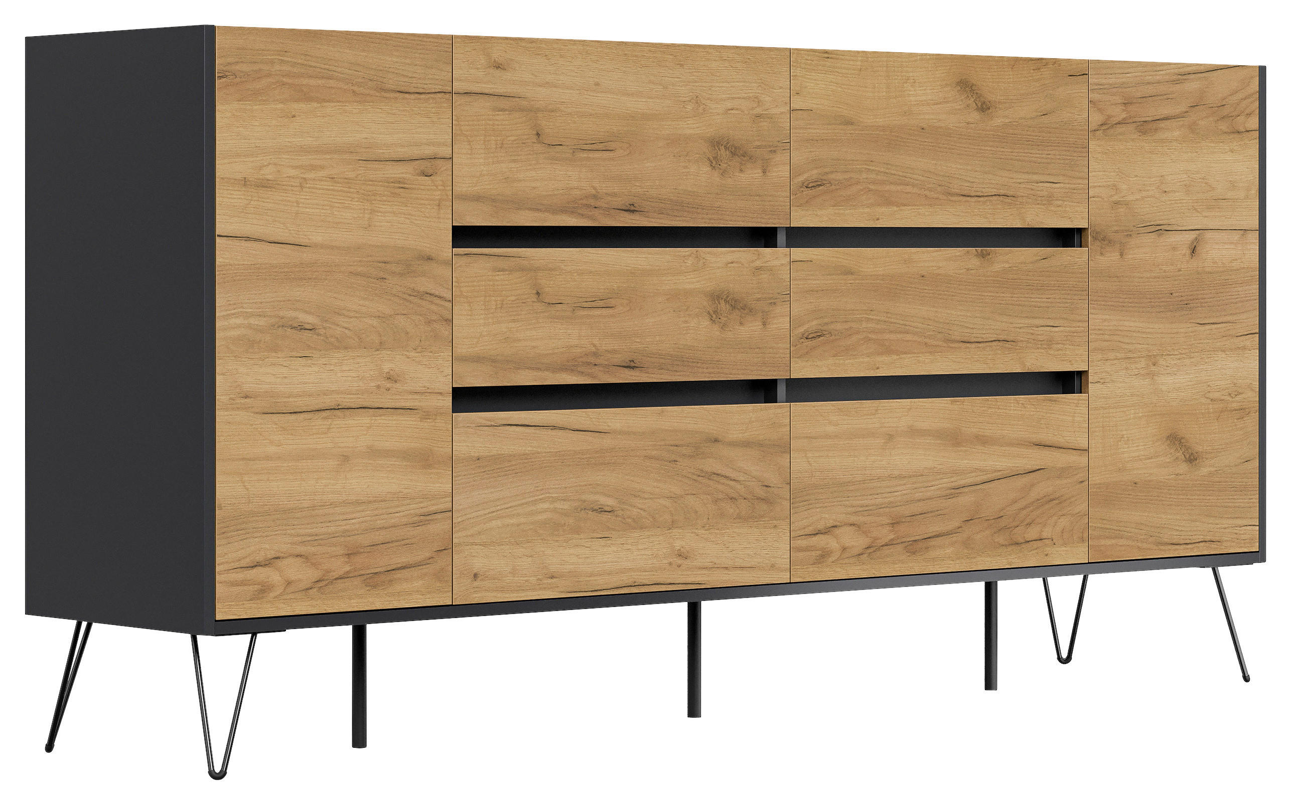 SIDEBOARD Posseik Industrial 199/93,6/42 cm 6 Schublade(n)  - Eichefarben/Graphitfarben, Design, Holzwerkstoff/Metall (199/93,6/42cm) - P & B