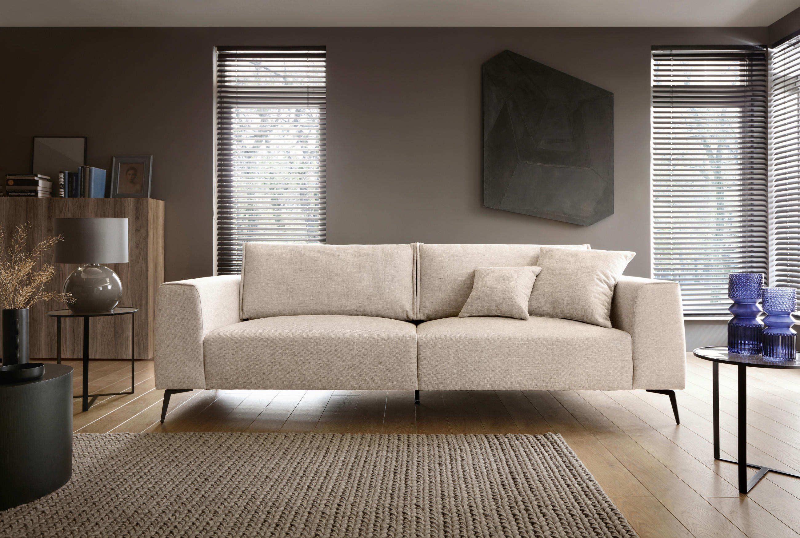 3-SITZER-SOFA in beflockt Creme  - Creme/Schwarz, Design, Holz/Textil (246/87/88cm) - MID.YOU