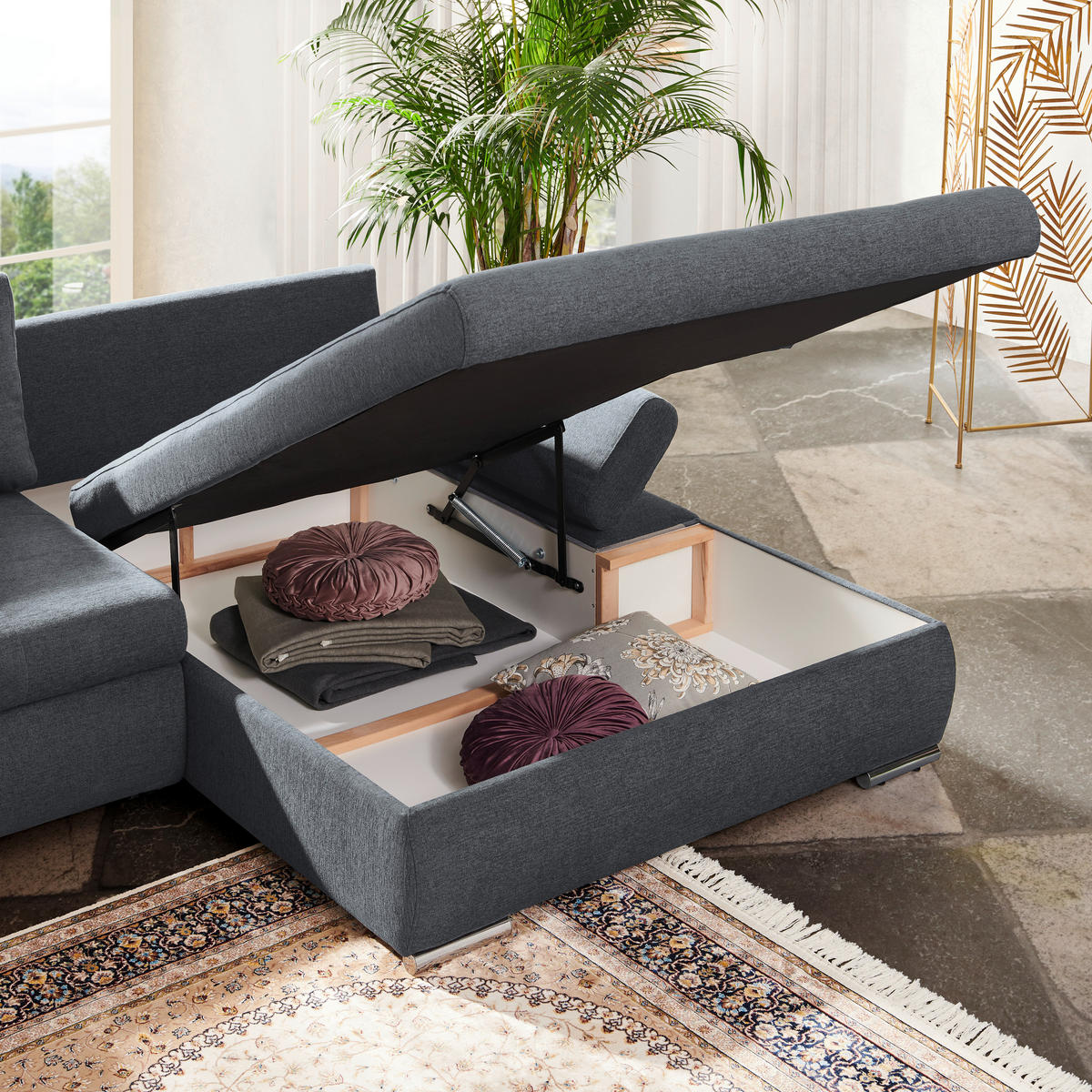 ECKSOFA in Flachgewebe Hellgrau  - Silberfarben/Hellgrau, Design, Textil/Metall (306/174cm) - MID.YOU