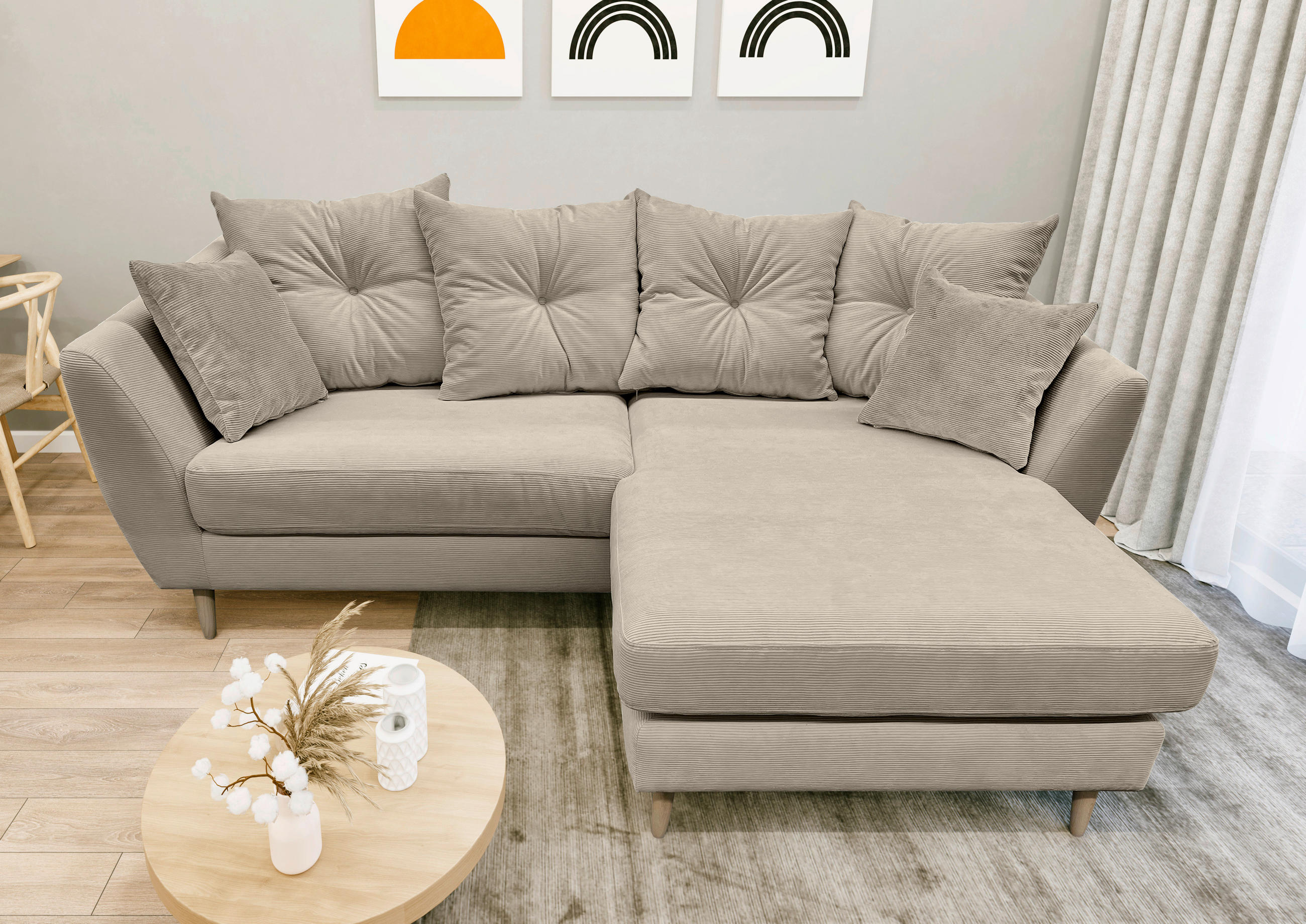 ECKSOFA Beige Feincord  - Beige/Buchefarben, KONVENTIONELL, Holz/Textil (211/154cm) - Carryhome
