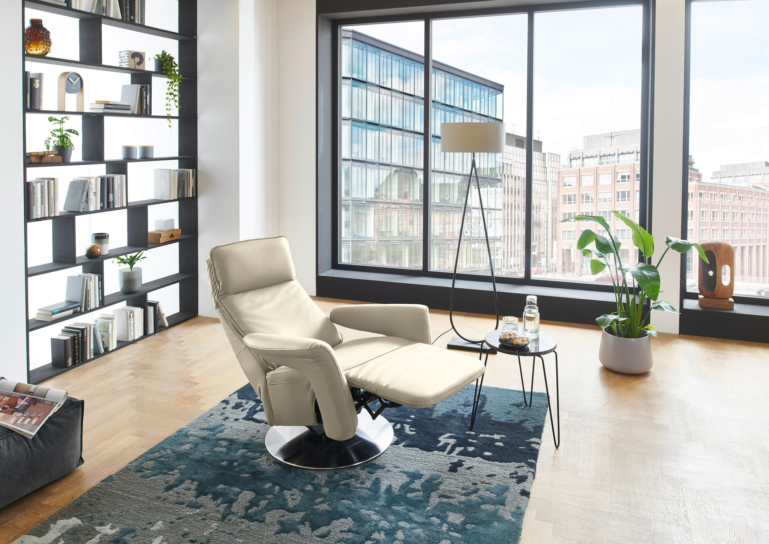 RELAXSESSEL in Leder Creme, Naturfarben  - Edelstahlfarben/Creme, Design, Leder/Metall (83/112/87-174cm) - Valdera