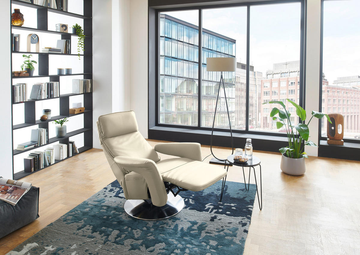 RELAXSESSEL in Leder Creme, Naturfarben  - Edelstahlfarben/Creme, Design, Leder/Metall (83/112/87-174cm) - Valdera