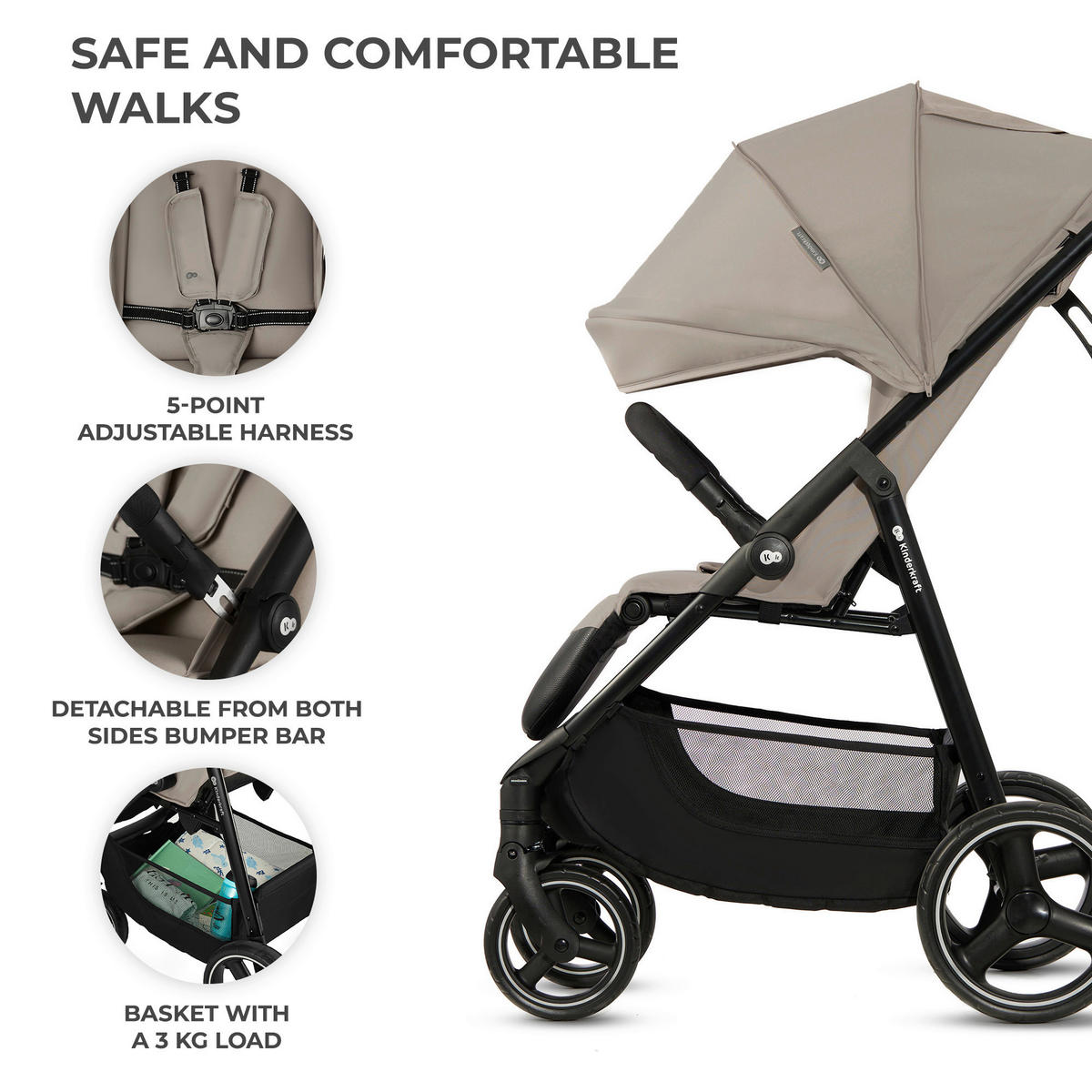 BUGGY Trig 3  - Beige/Schwarz, Basics (54/107.5/91cm) - Kinderkraft