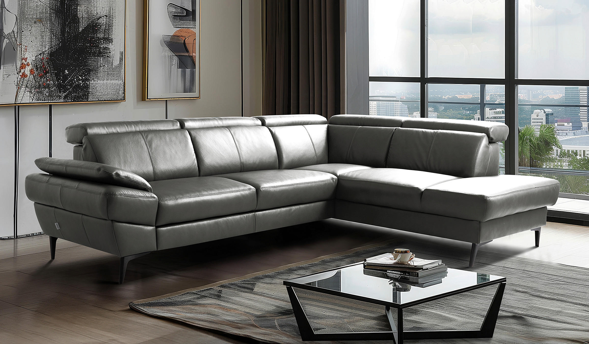 ECKSOFA Anthrazit Echtleder Lederlook Bettkasten, Schlaffunktion, Rücken echt, Armteilverstellung, Kopfteilverstellung  - Anthrazit/Schwarz, Design, Leder/Textil (264/211cm) - Livetastic