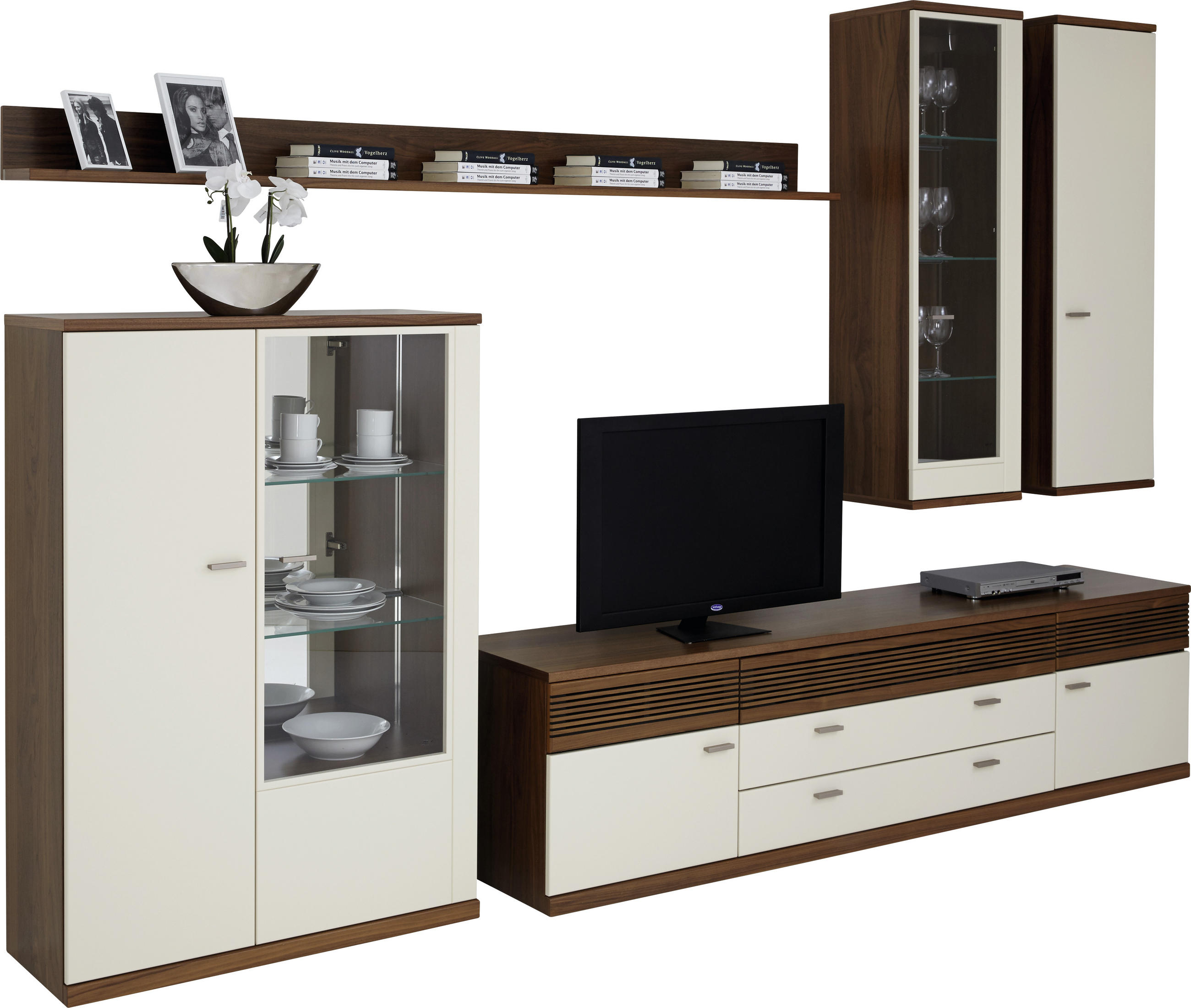 WOHNWAND  in Creme, Nussbaumfarben  360/235,9/48,7 cm  - Edelstahlfarben/Nussbaumfarben, Design, Glas/Holz (360/235,9/48,7cm) - Invivus