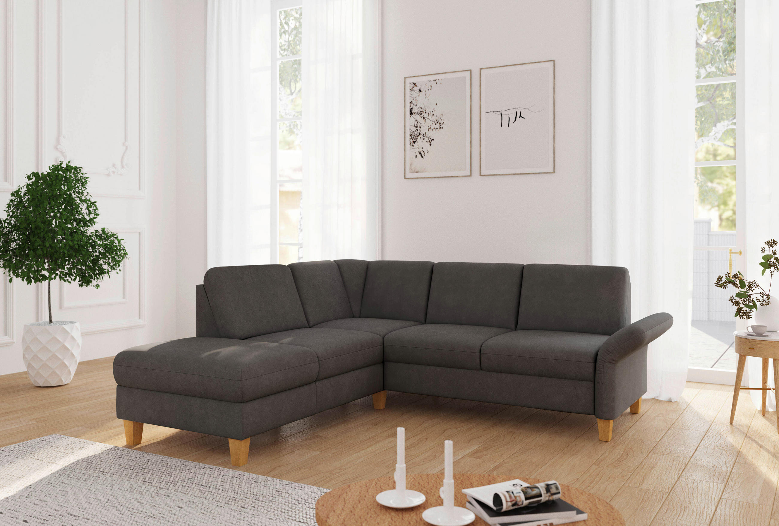 ECKSOFA ROCHELLE E Graphitfarben Flachgewebe  - Eichefarben/Graphitfarben, KONVENTIONELL, Holz/Textil (216/240cm) - Sit & More