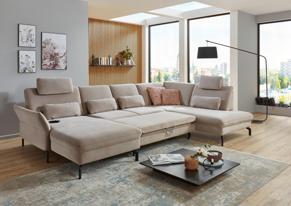 WOHNLANDSCHAFT in Velours Graubraun  - Graubraun/Schwarz, Design, Textil/Metall (220/335/179cm) - Beldomo System