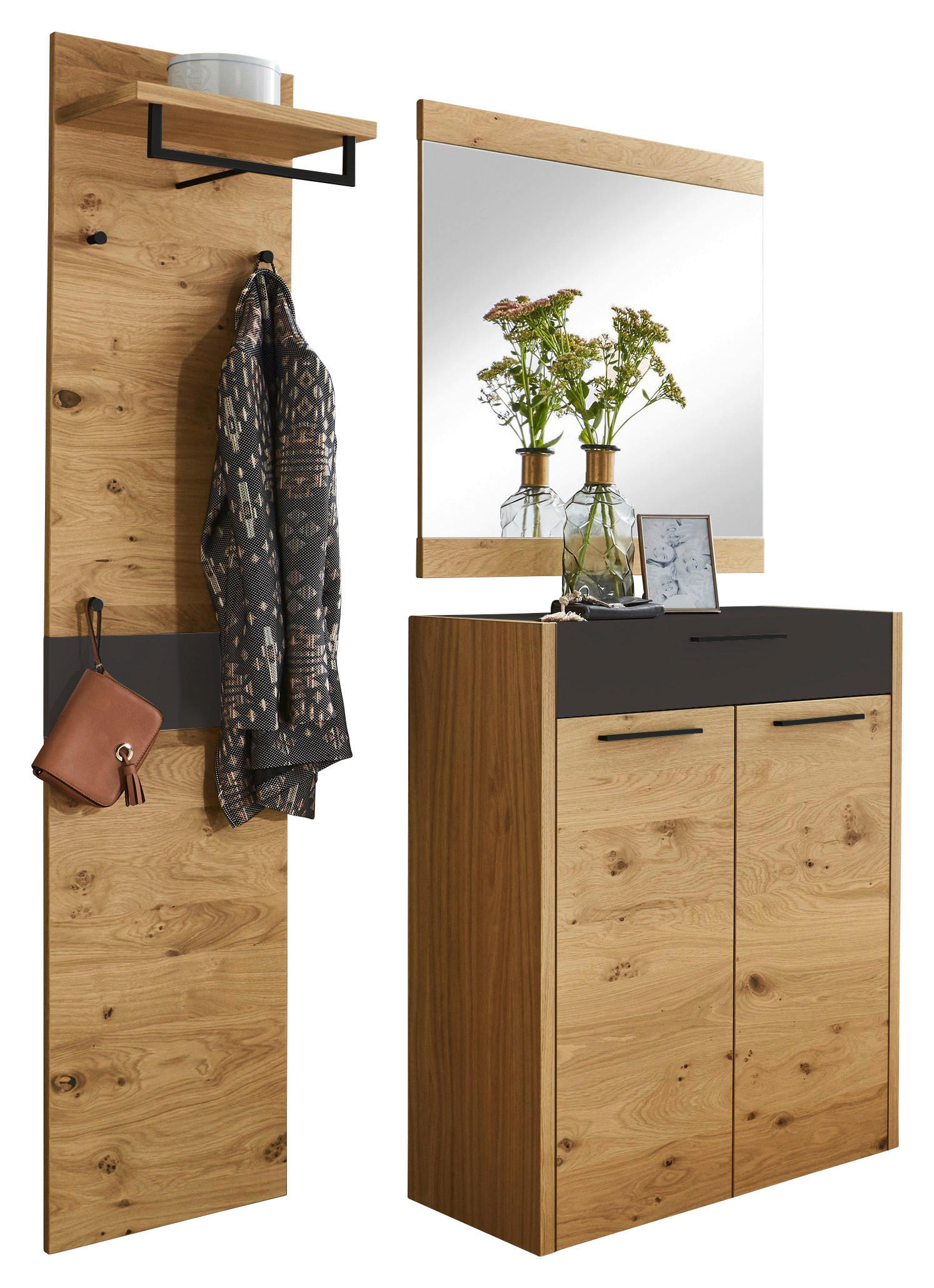 GARDEROBE 3-teilig  in 140/195/37 cm  - Eichefarben/Schwarz, Design, Glas/Holz (140/195/37cm)