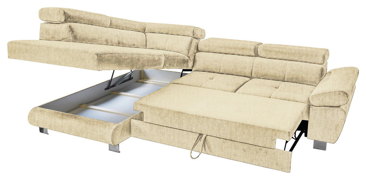 ECKSOFA Beige Webstoff Bettkasten, Schlaffunktion, Rücken echt, Armteilverstellung, Kopfteilverstellung  - Chromfarben/Beige, MODERN, Textil/Metall (205/278cm) - Stylife
