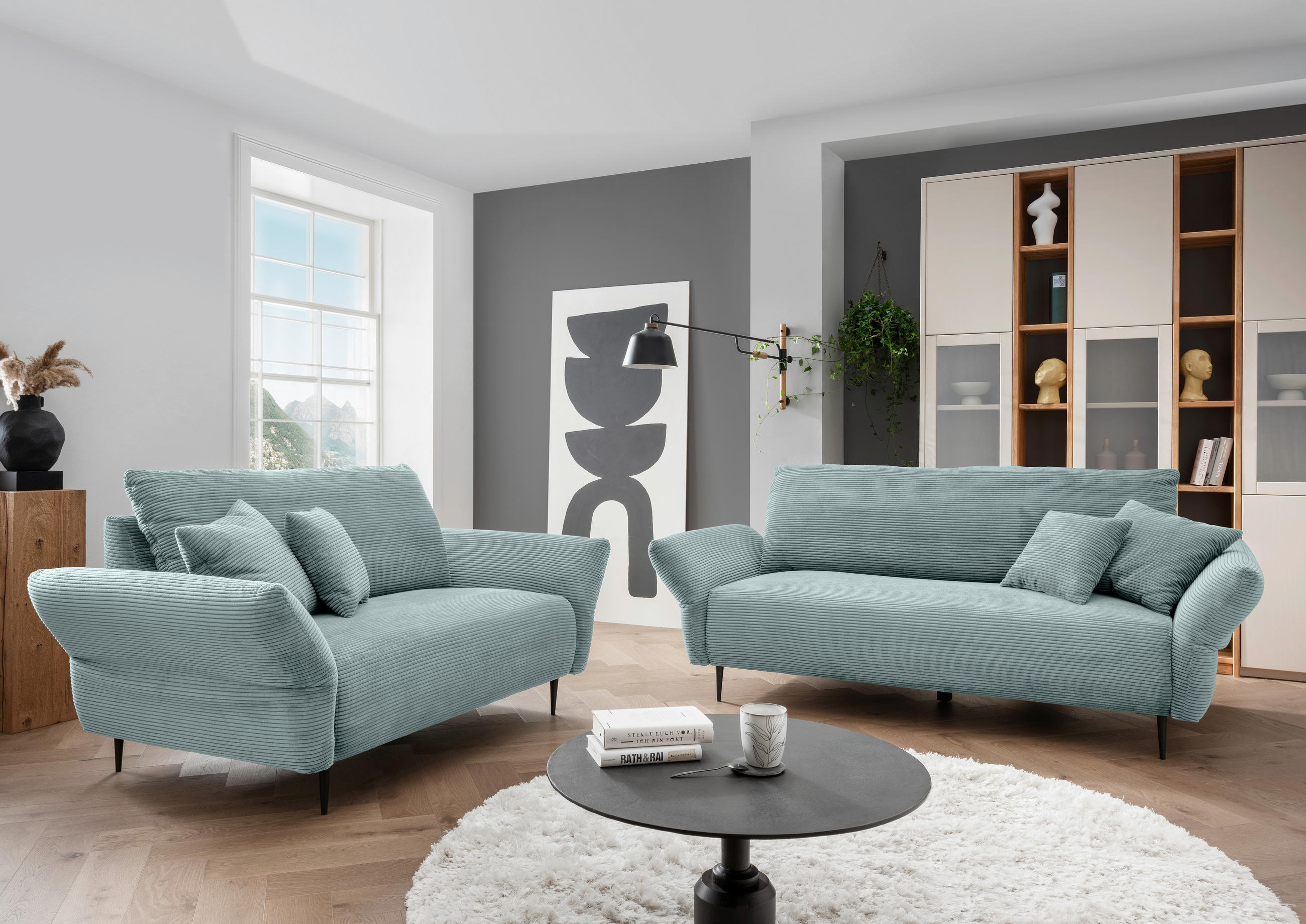 SITZGARNITUR in Cord Hellblau  - Schwarz/Hellblau, Design, Textil/Metall - Livetastic