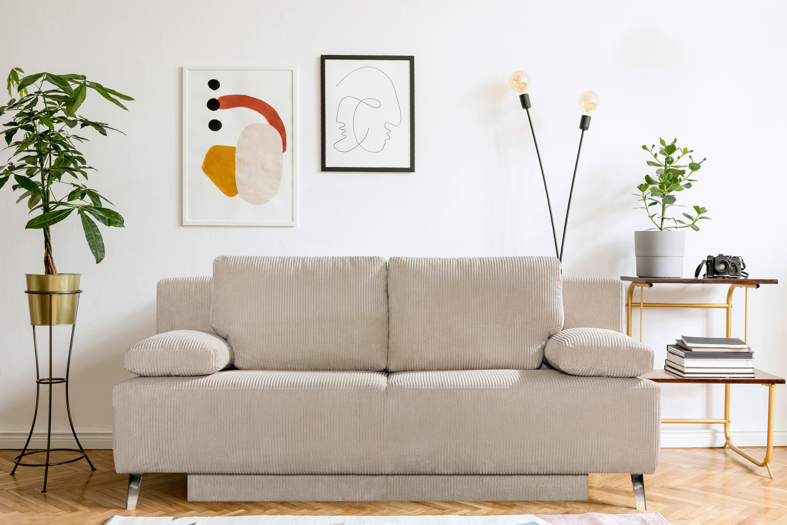 SCHLAFSOFA  mit Fußauswahl, Stoffauswahl Cord Creme  - Chromfarben/Creme, Design, Textil/Metall (197/92/88cm)