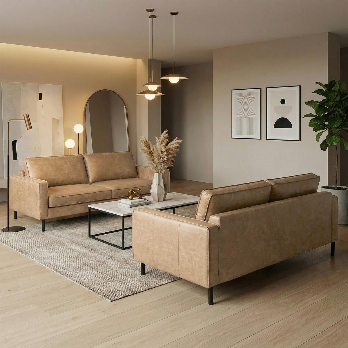 2-SITZER-SOFA Sandfarben Echtleder Lederlook  - Sandfarben, Design, Leder/Textil (148/85/92cm) - Livetastic