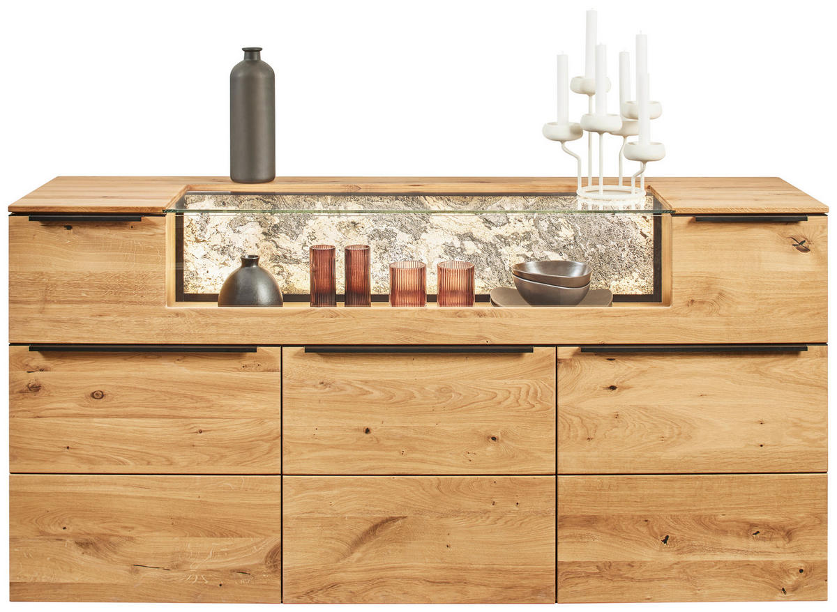 SIDEBOARD Eichefarben  180/90,5/47,1 cm  - Eichefarben/Schwarz, Natur, Glas/Holz (180/90,5/47,1cm) - Valnatura