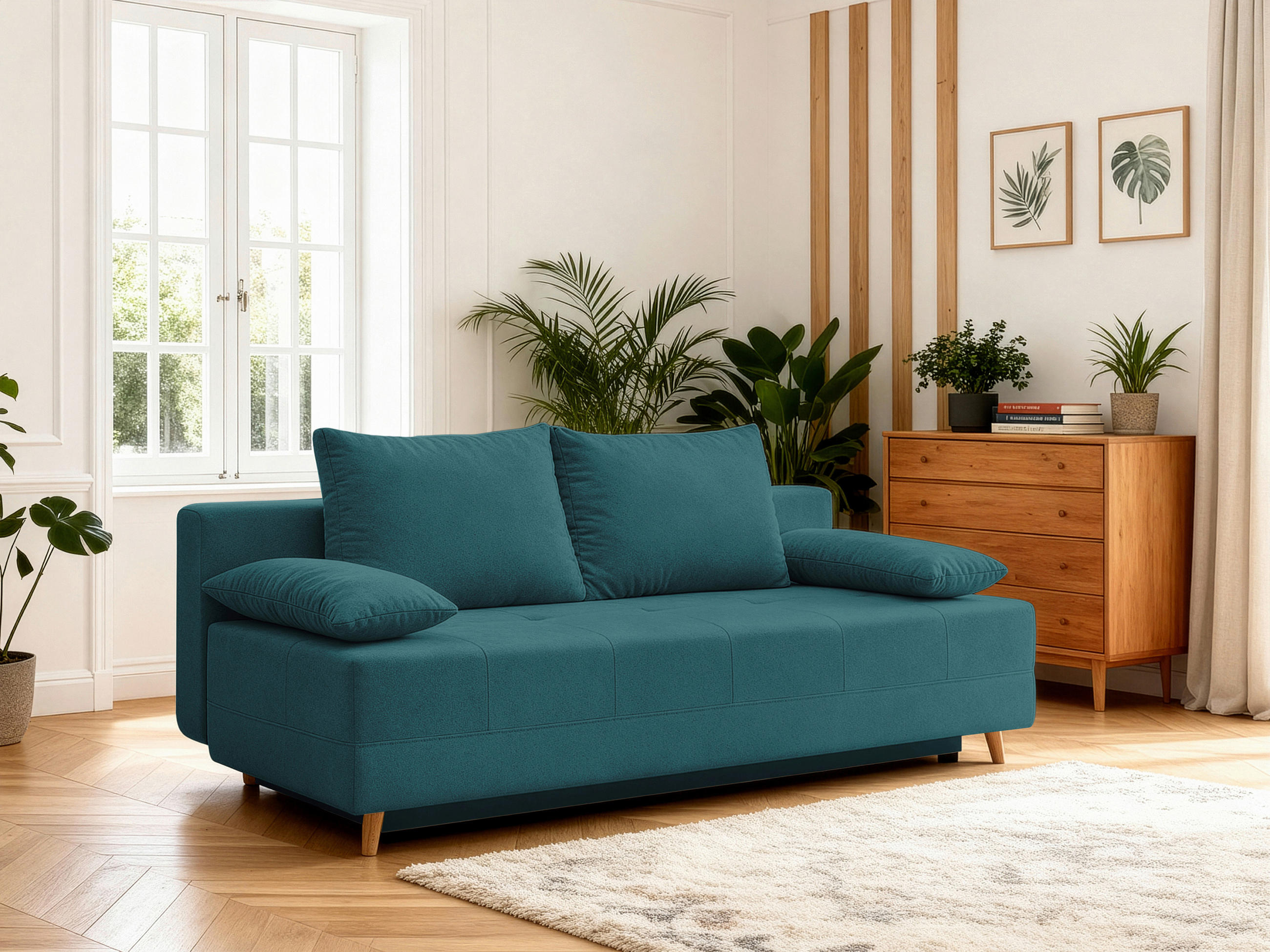 SCHLAFSOFA LUMOS Samt Petrol  inkl. Rückenkissen, Armlehnenkissen, Schlaffunktion, Rücken echt, Stauraum  - Petrol/Naturfarben, Design, Textil (206/96/96cm) - P & B