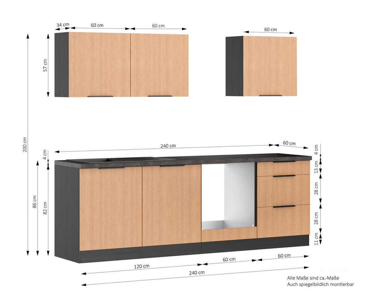 KÜCHENLEERBLOCK 240 cm   in Graphitfarben, Eichefarben  - Eichefarben/Schwarz, Lifestyle, Holzwerkstoff/Metall (240cm) - Held